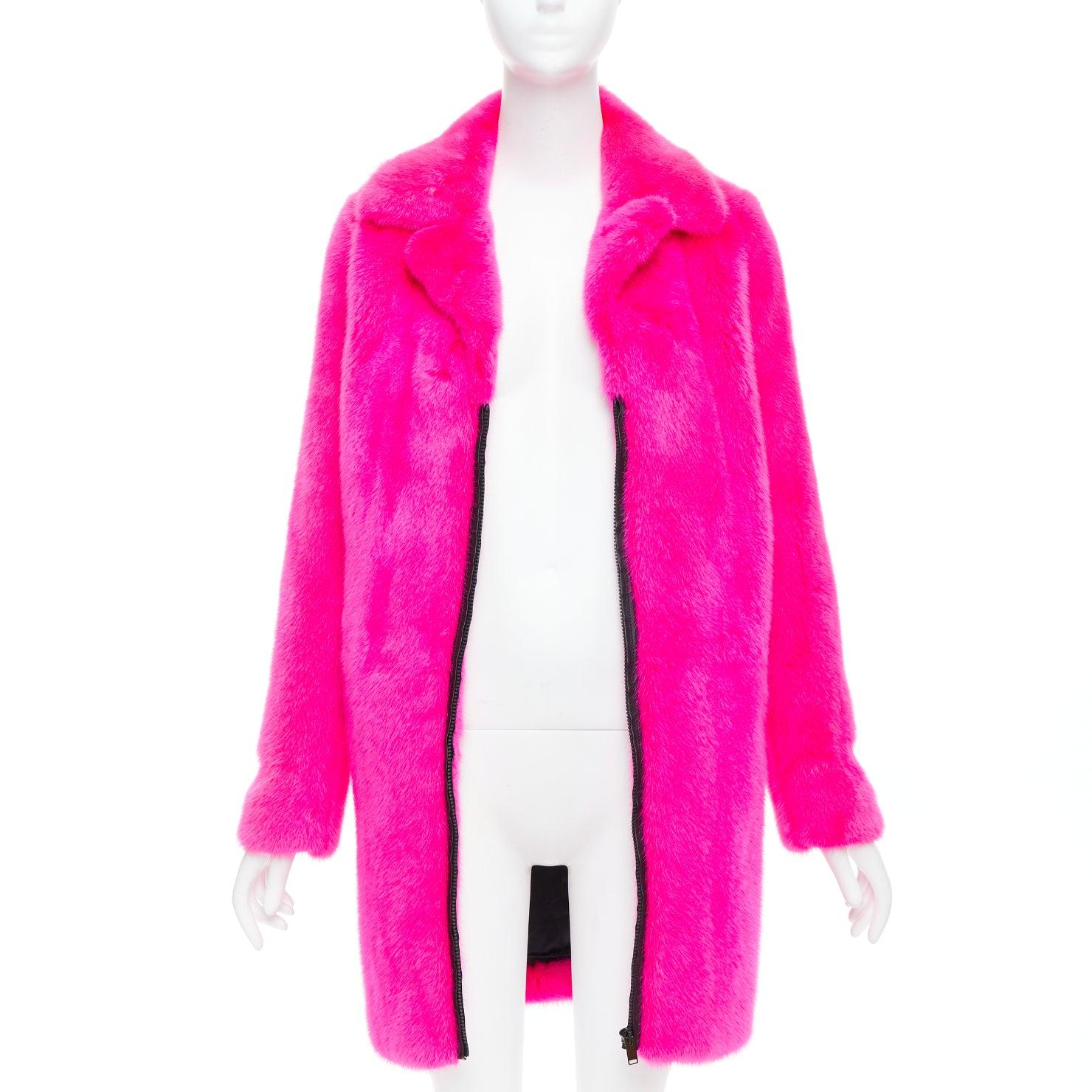 Pink SAINT LAURENT 2015 hot pink mink fur black leather zip long coat FR38 M For Sale