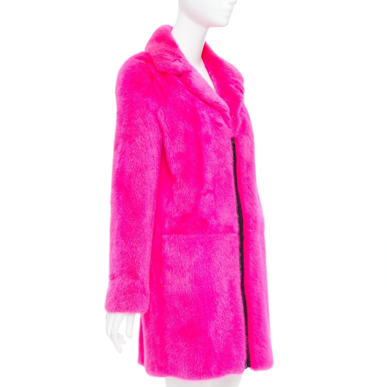 Women's SAINT LAURENT 2015 hot pink mink fur black leather zip long coat FR38 M For Sale