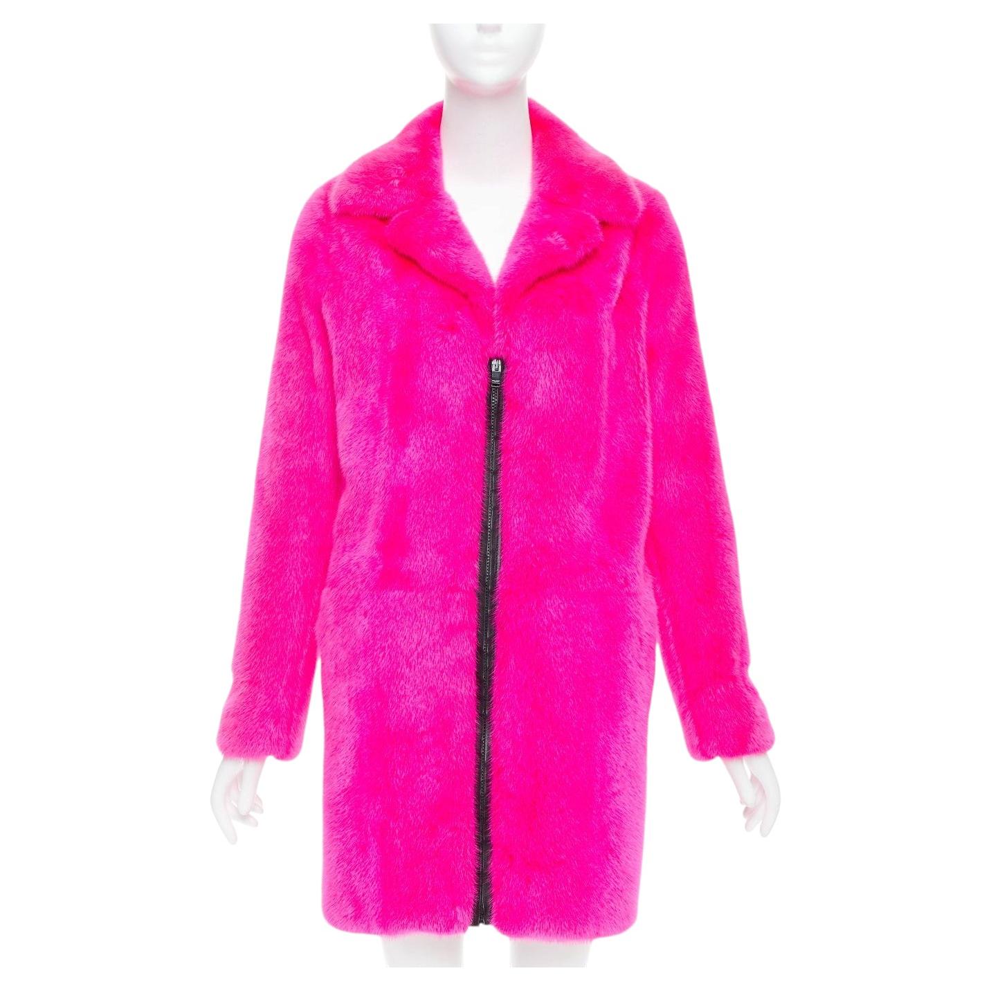SAINT LAURENT 2015 hot pink mink fur black leather zip long coat FR38 M For Sale
