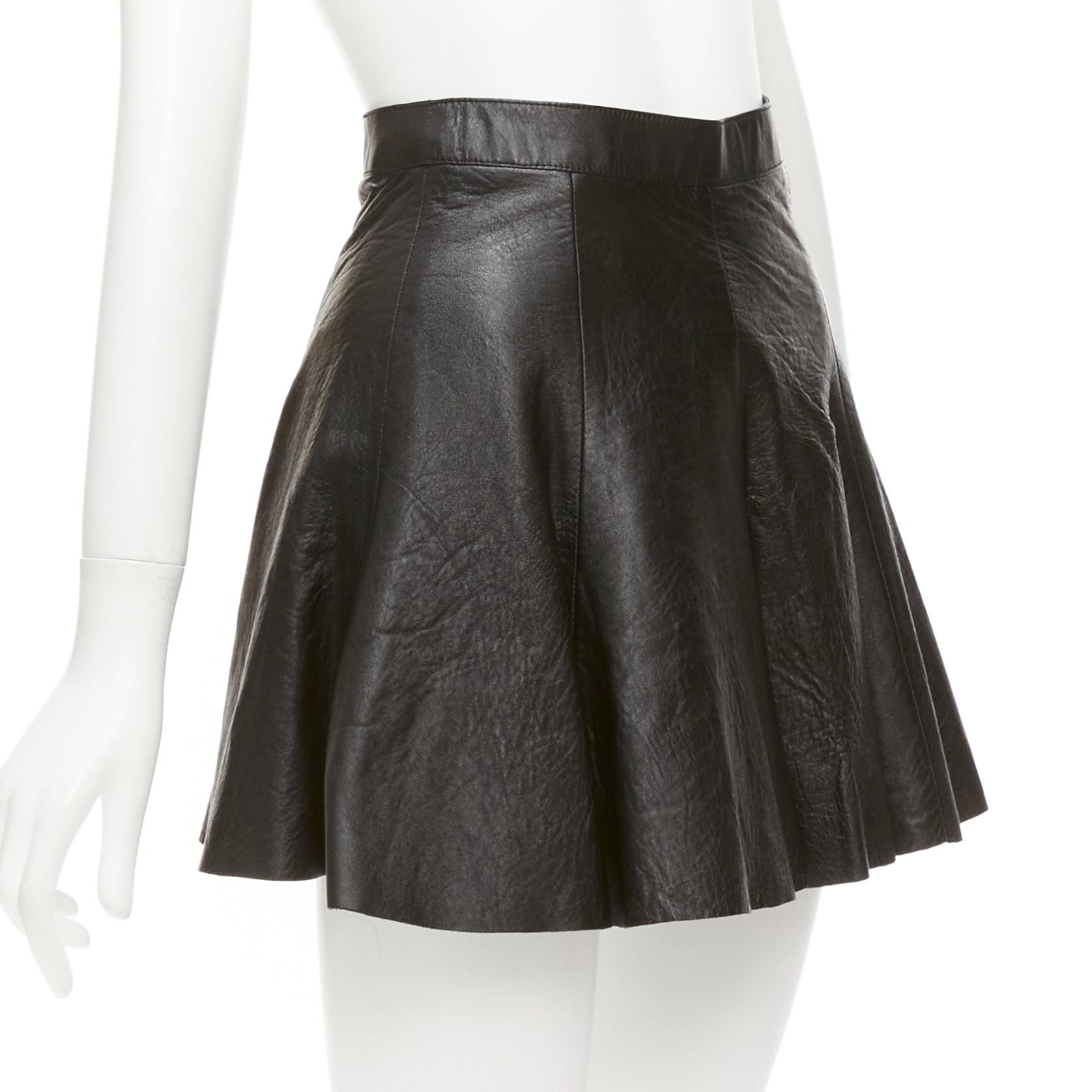 Women's SAINT LAURENT 2016 black lambskin leather silk lined skater skirt FR34 XS For Sale