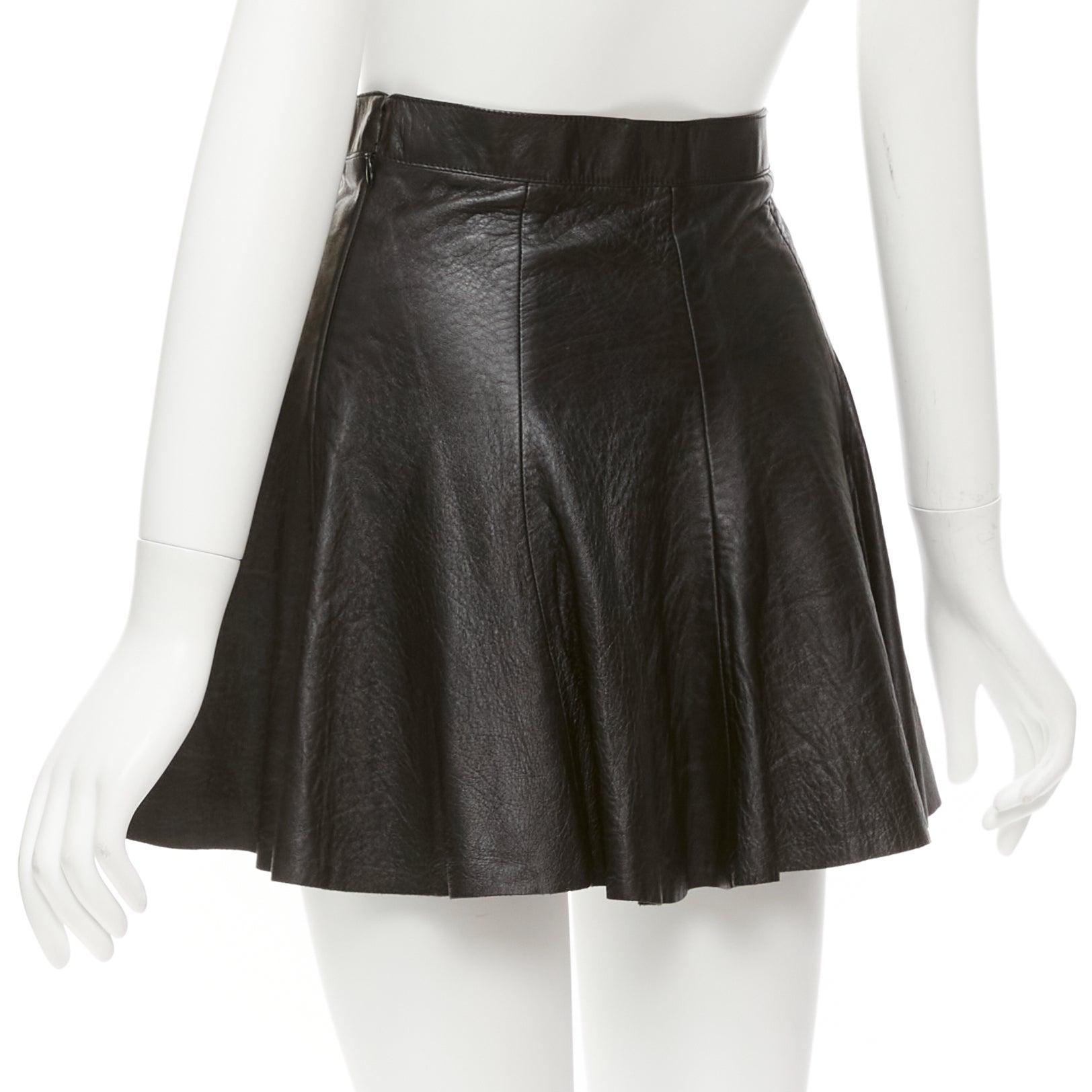 SAINT LAURENT 2016 black lambskin leather silk lined skater skirt FR34 XS For Sale 3