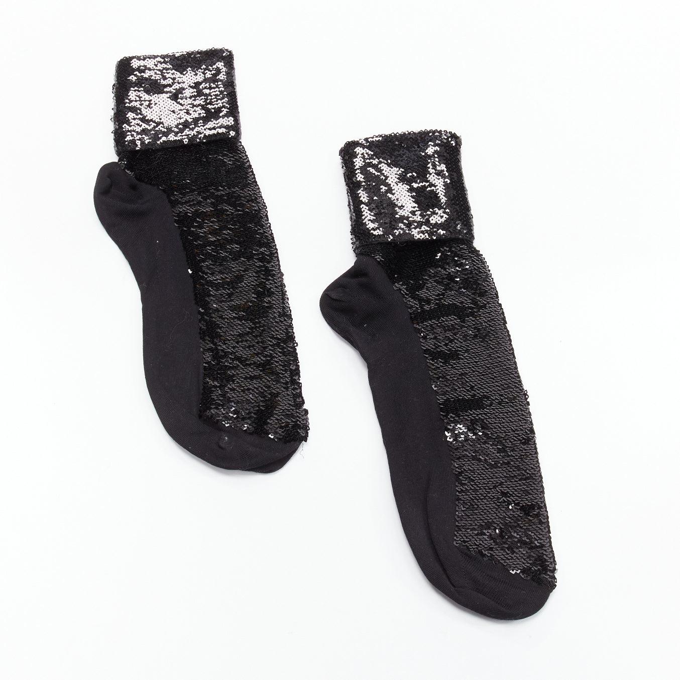 Noir SAINT LAURENT 2016 paillettes noires coton mélangé chaussettes à revers roulés EUR38 en vente