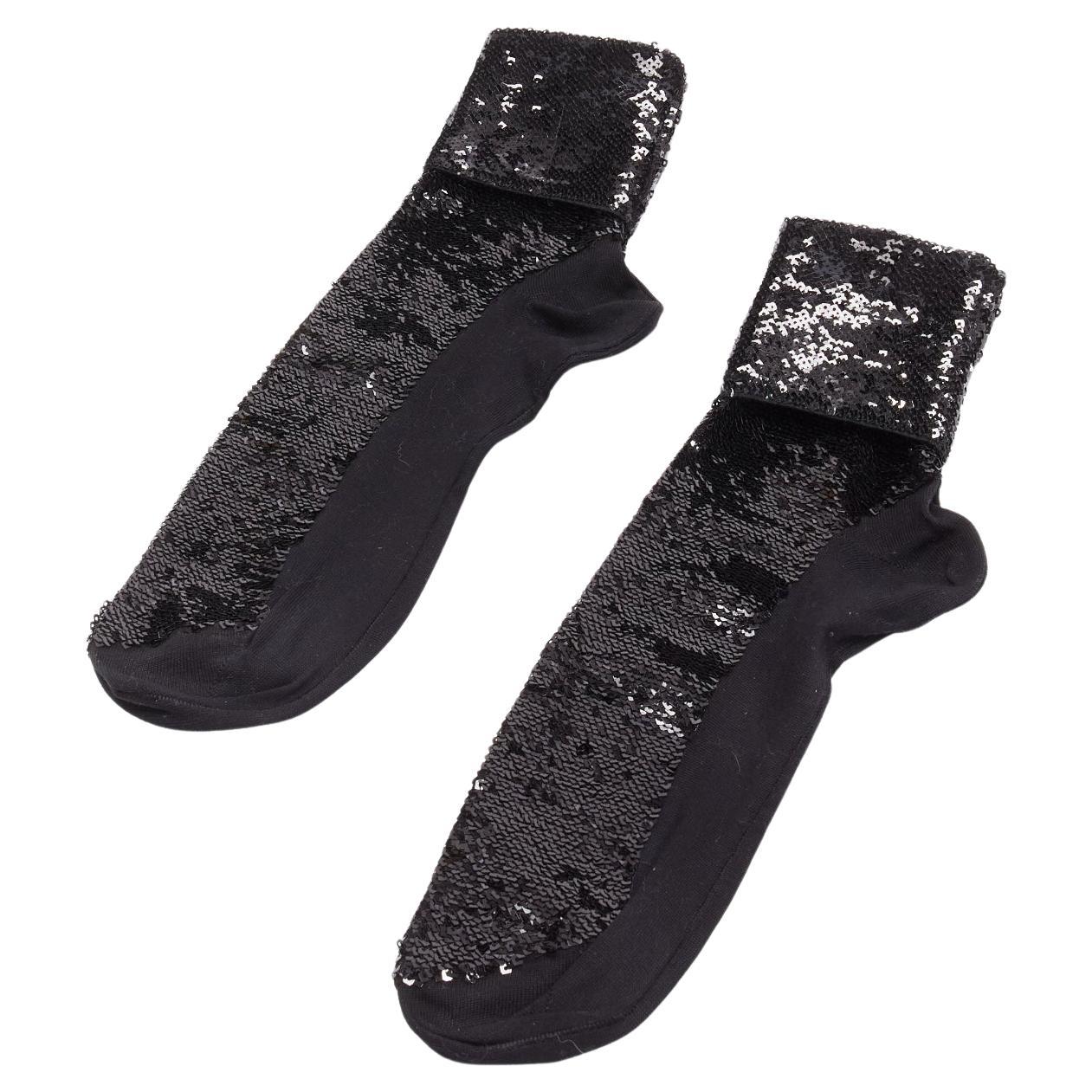 SAINT LAURENT 2016 paillettes noires coton mélangé chaussettes à revers roulés EUR38 en vente