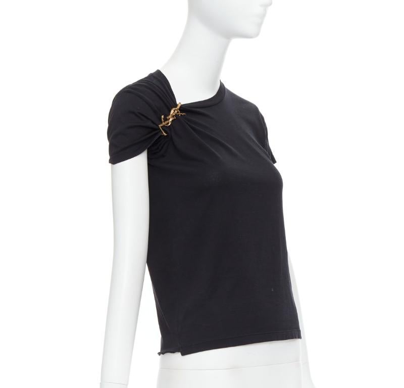 Black SAINT LAURENT 2016 black YSL gold brooch asymmetric pull tshirt XS
