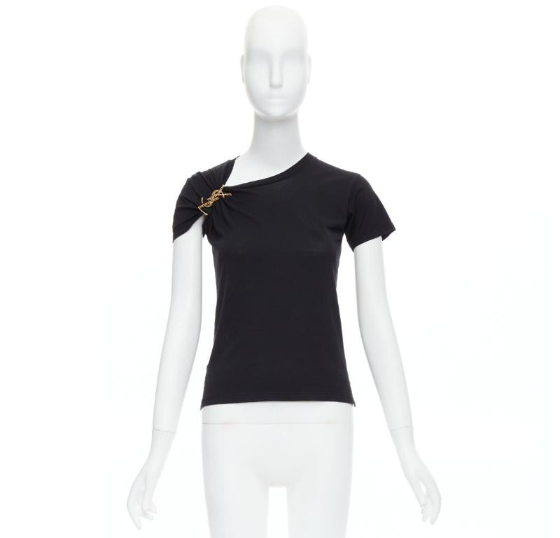 SAINT LAURENT 2016 black YSL gold brooch asymmetric pull tshirt XS 5