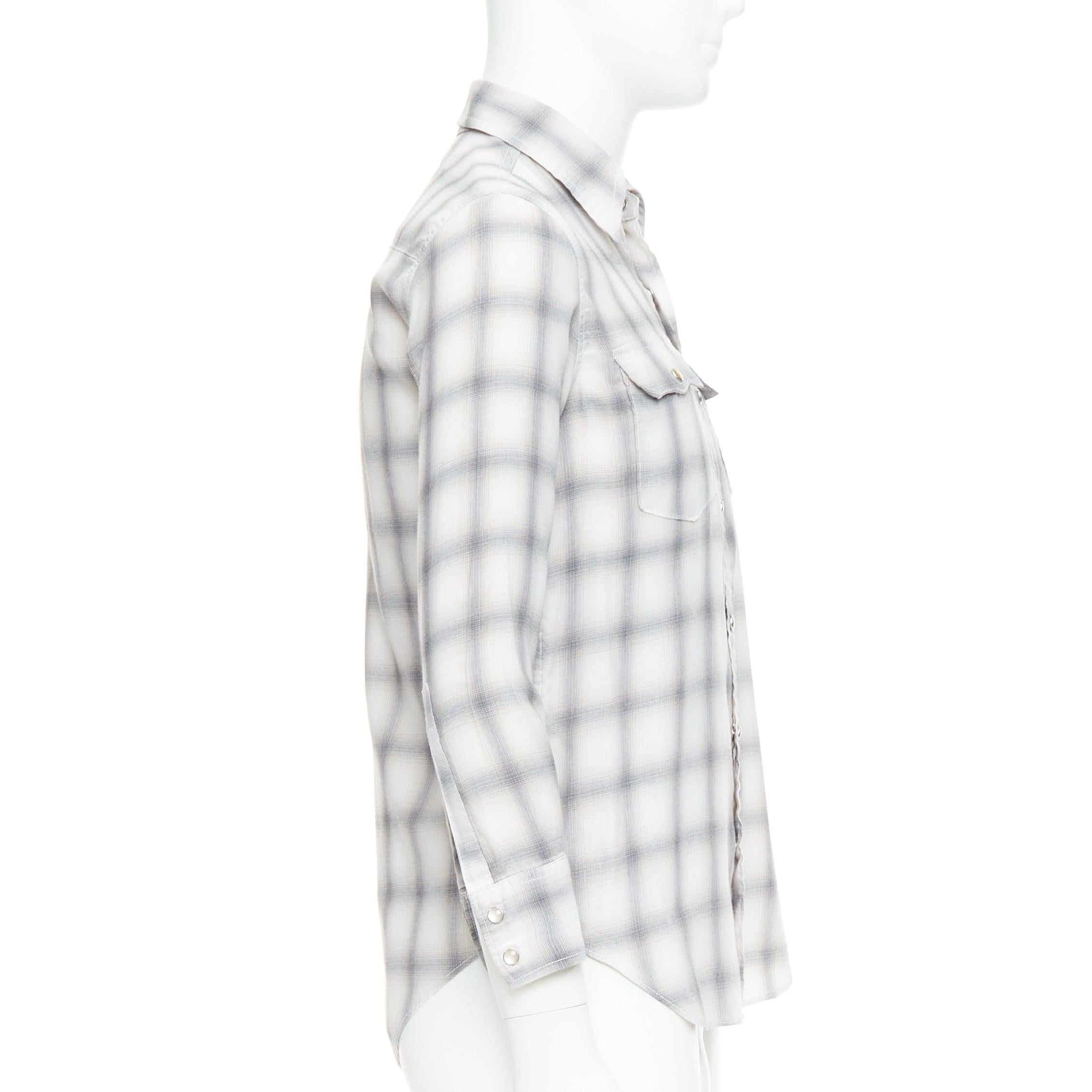 Uomo SAINT LAURENT 2016 camicia a quadri grigio crema con bottoni a pressione in resina M. in vendita