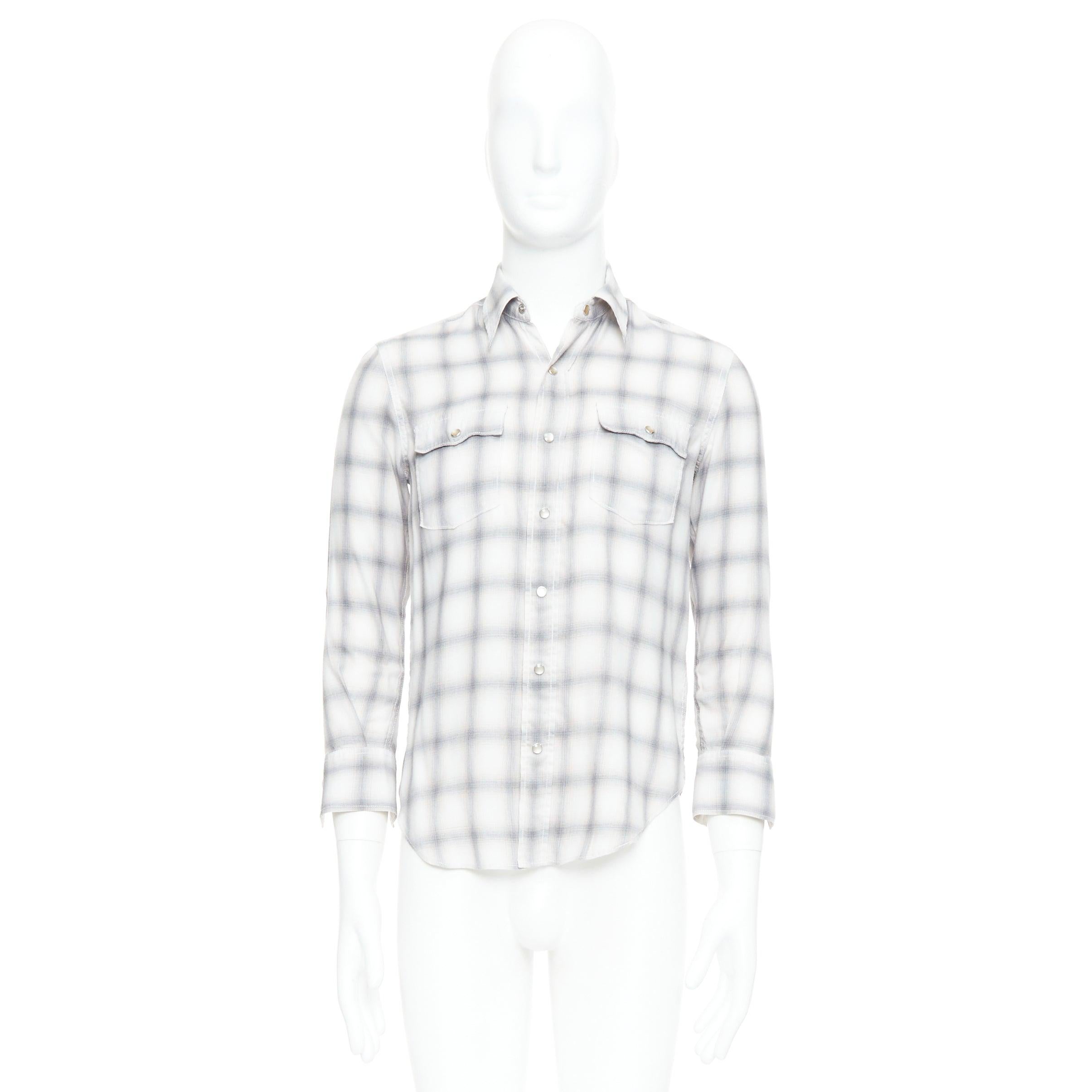 SAINT LAURENT 2016 camicia a quadri grigio crema con bottoni a pressione in resina M. in vendita 5