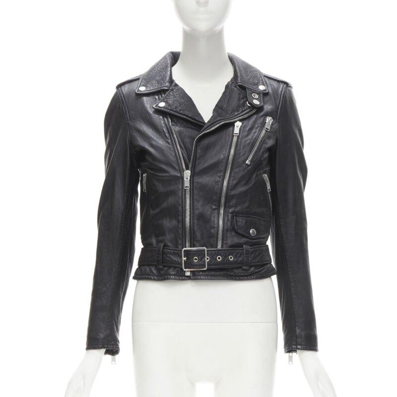 Women's SAINT LAURENT 2016 Hedi Slimane Blood Luster embroidery lip leather biker FR38 S