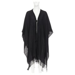 SAINT LAURENT 2016 Runway Hedi Slimane black wool fringed tassel tie cape poncho
