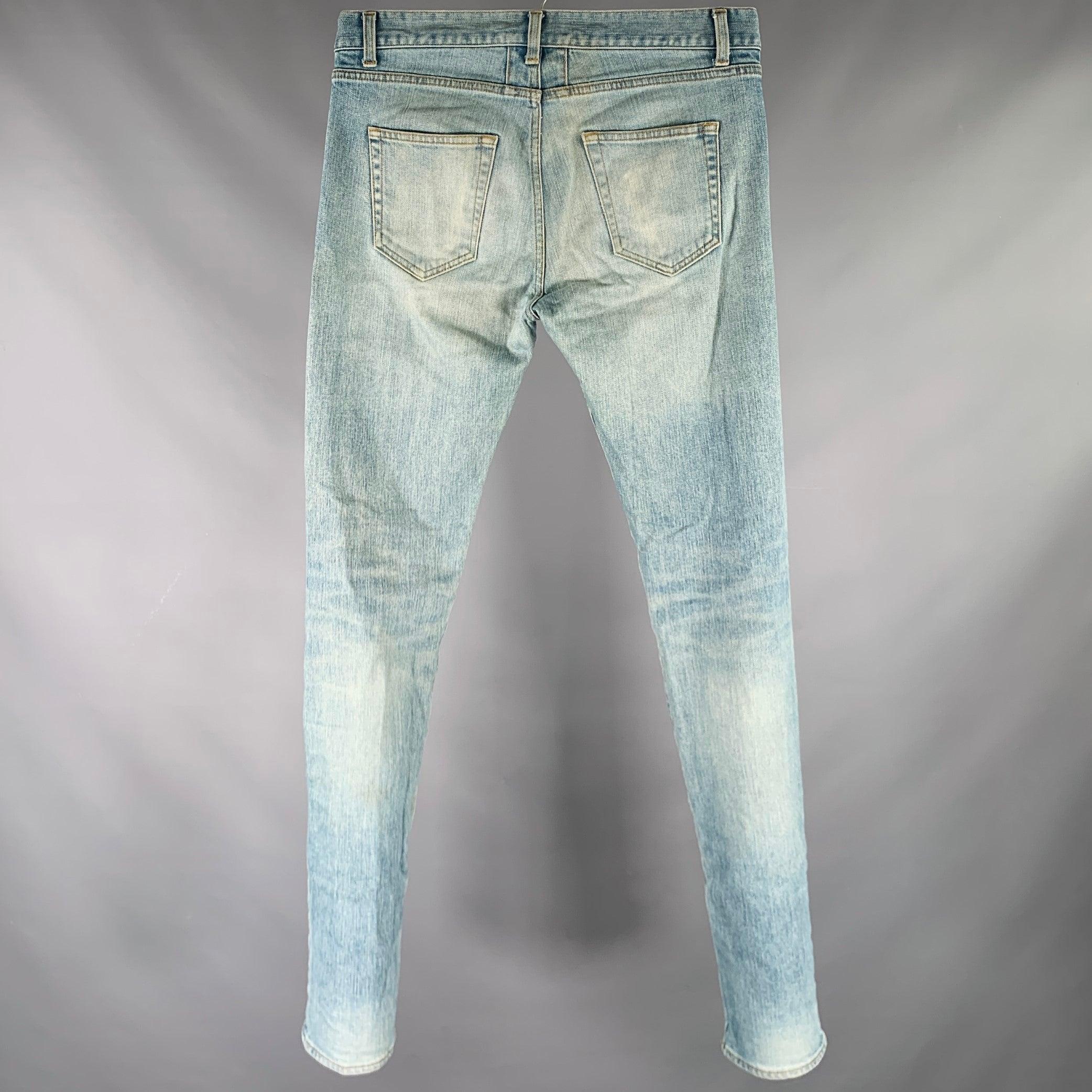 Gray SAINT LAURENT 2016 Size 31 Blue Distressed Cotton Blend Narrow Leg Jeans For Sale