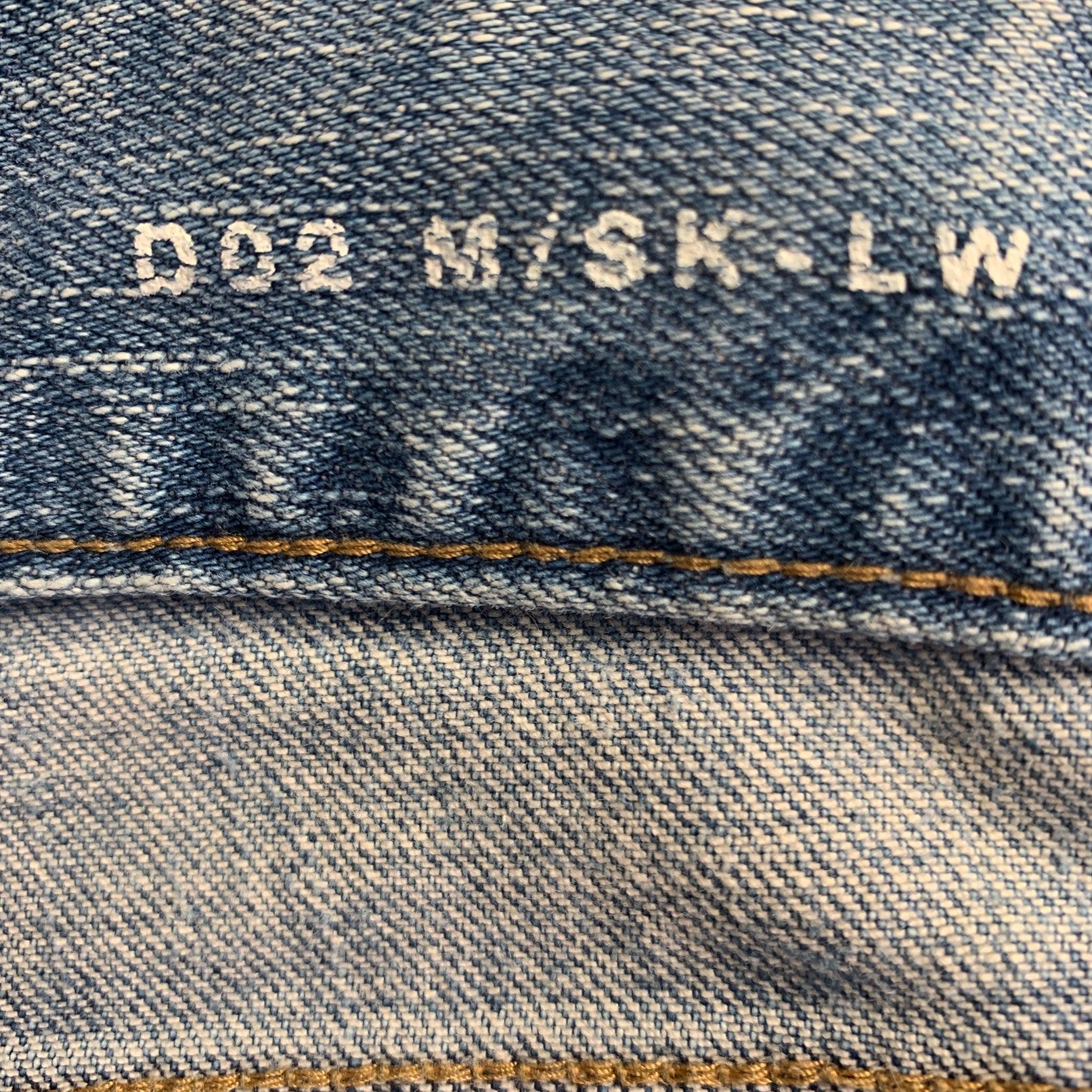 Men's SAINT LAURENT 2016 Size 31 Blue Distressed Cotton Blend Narrow Leg Jeans For Sale
