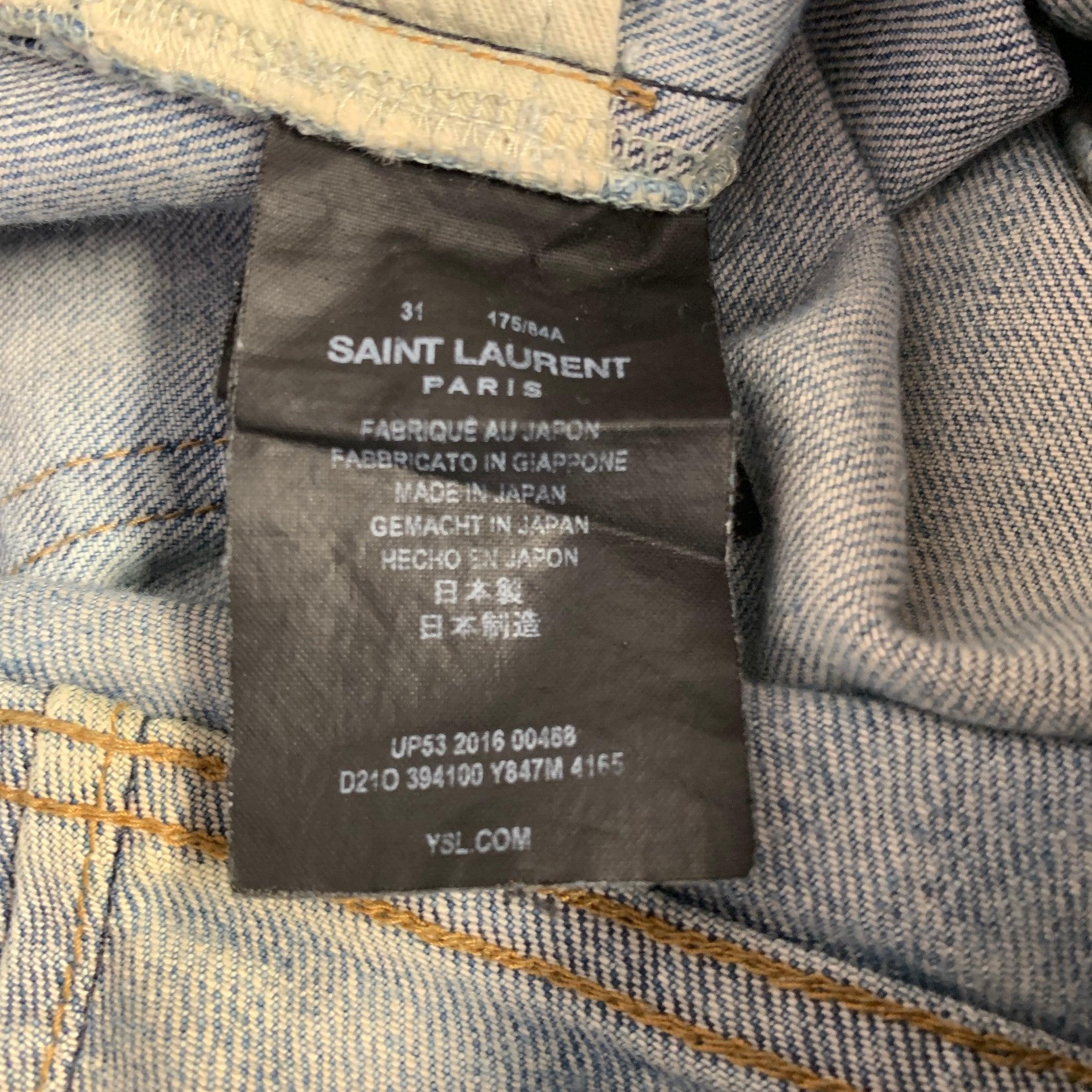 SAINT LAURENT 2016 Size 31 Blue Distressed Cotton Blend Narrow Leg Jeans For Sale 1
