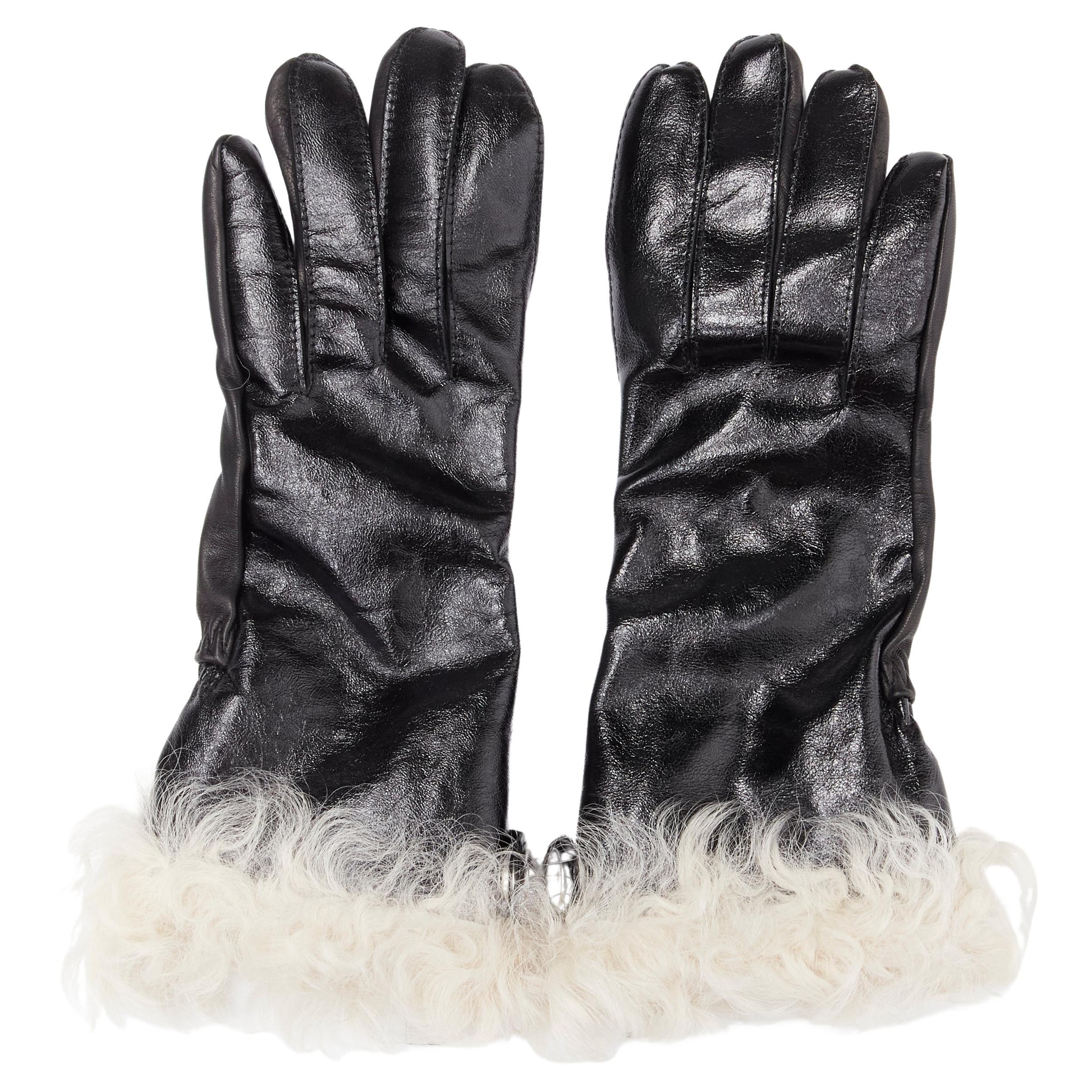 SAINT LAURENT 2017 black calf patent leather shearling lined biker glove