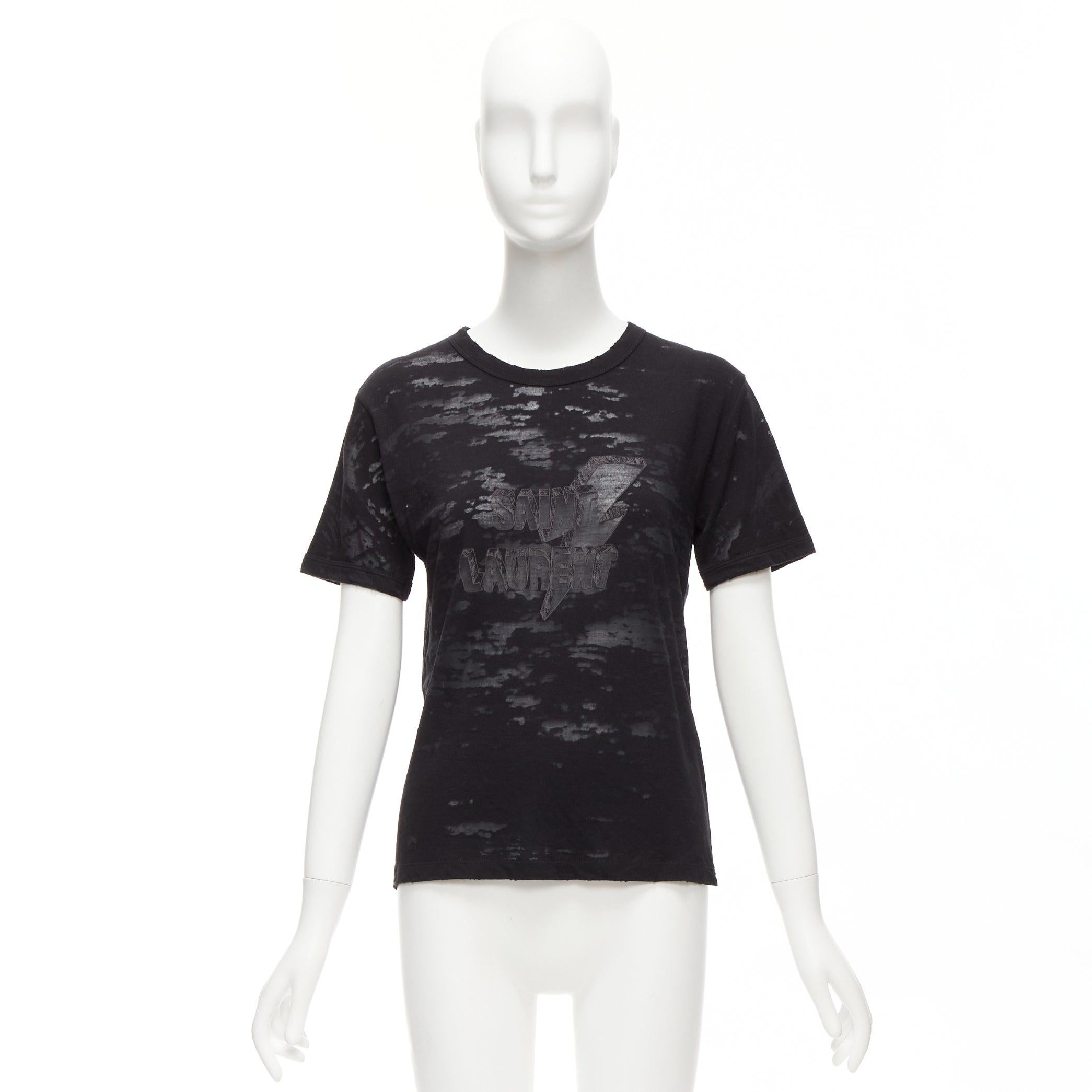 SAINT LAURENT 2017 black Devore Lightning Bolt logo print tshirt XS For Sale 6