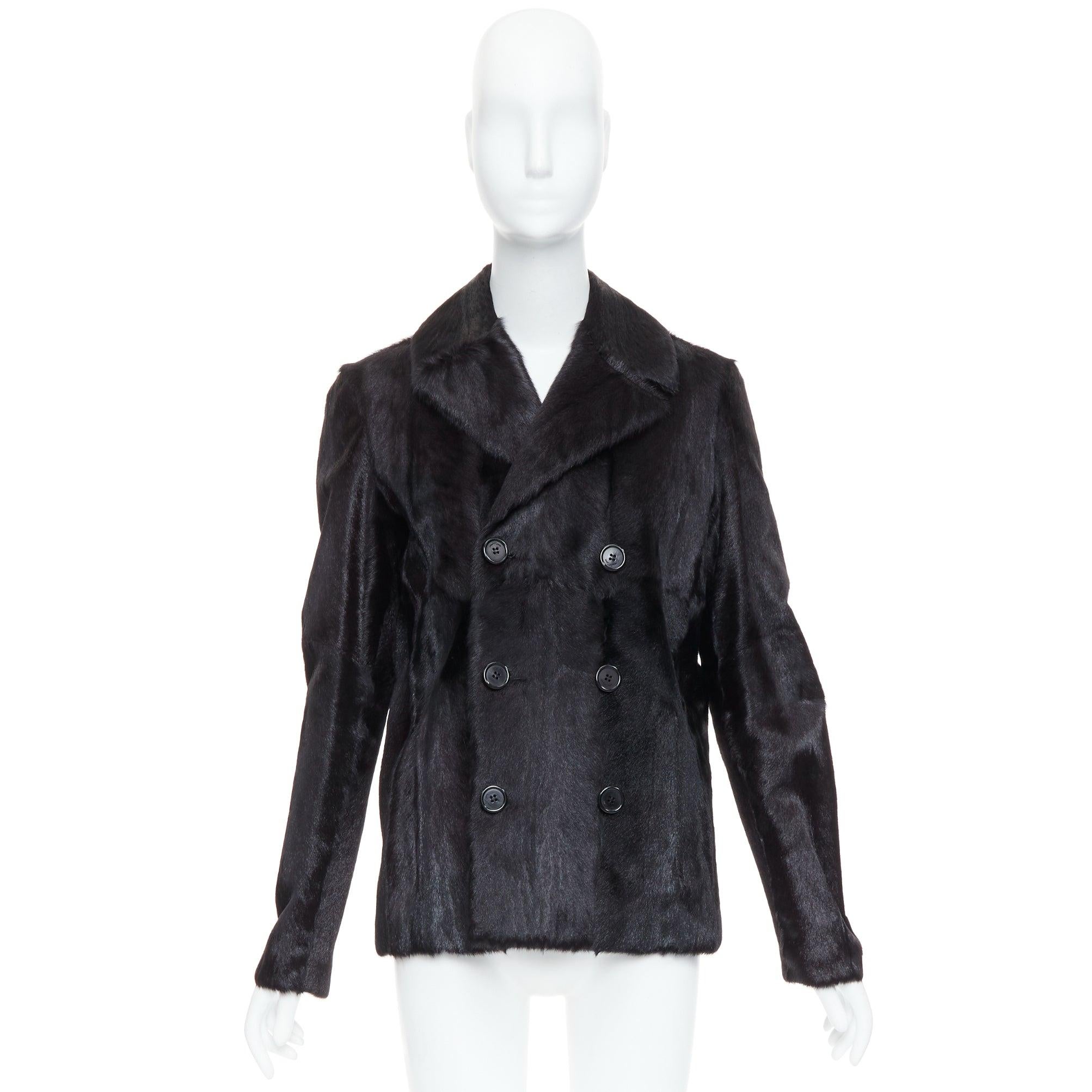 SAINT LAURENT 2017 black goat fur double breasted coat jacket FR44 2XL For Sale 6