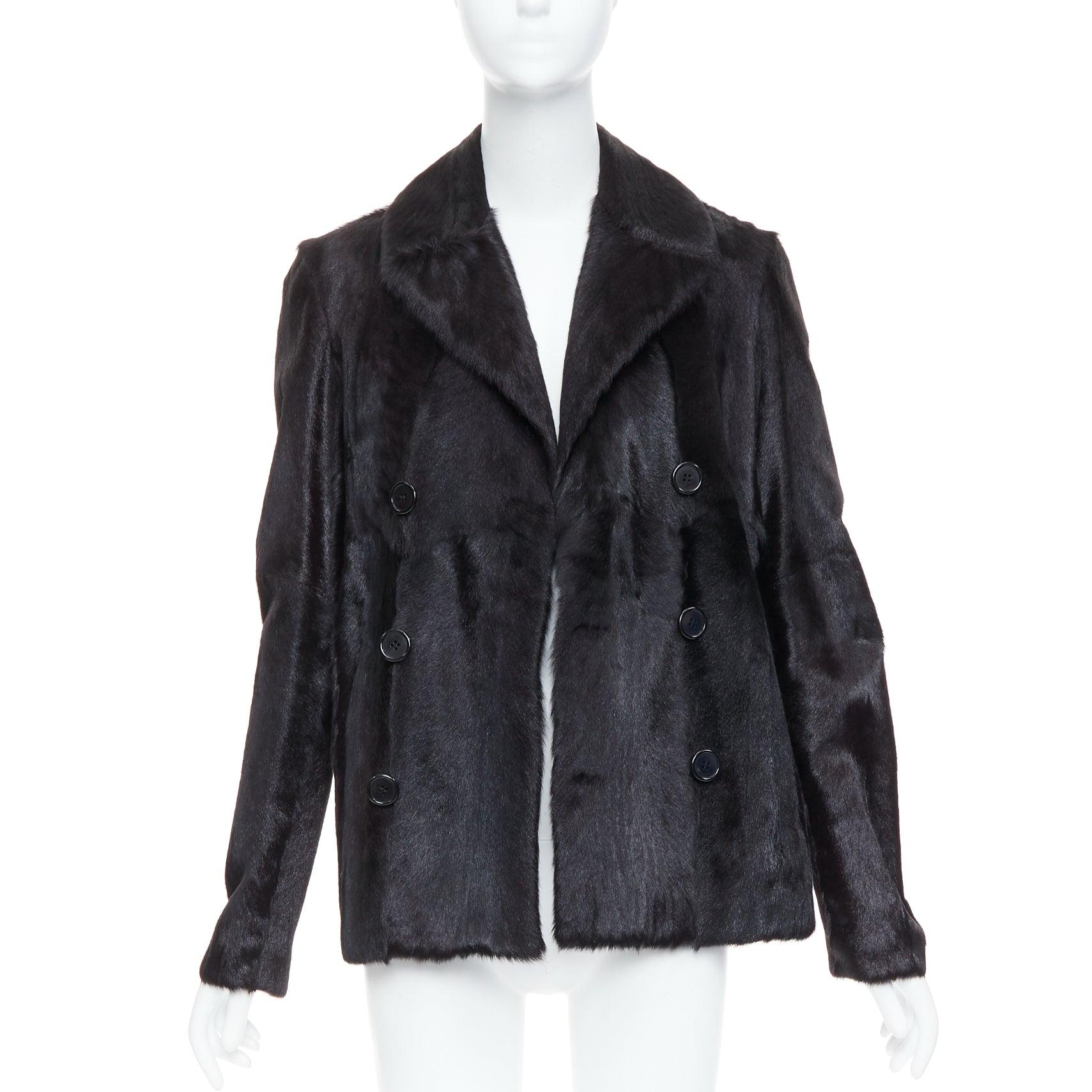 Black SAINT LAURENT 2017 black goat fur double breasted coat jacket FR44 2XL For Sale