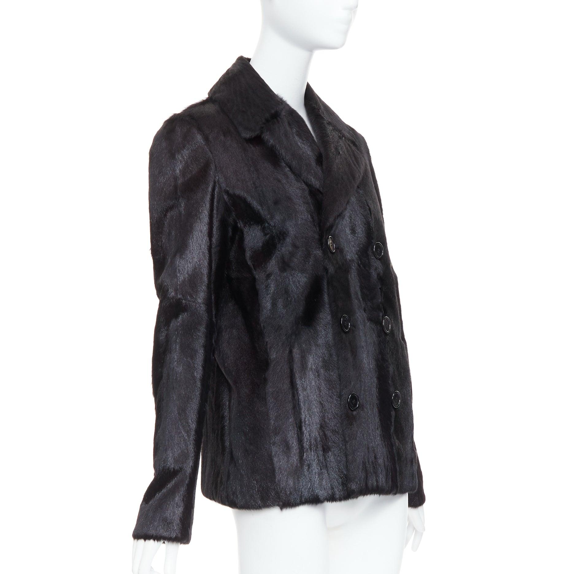 Women's SAINT LAURENT 2017 black goat fur double breasted coat jacket FR44 2XL For Sale