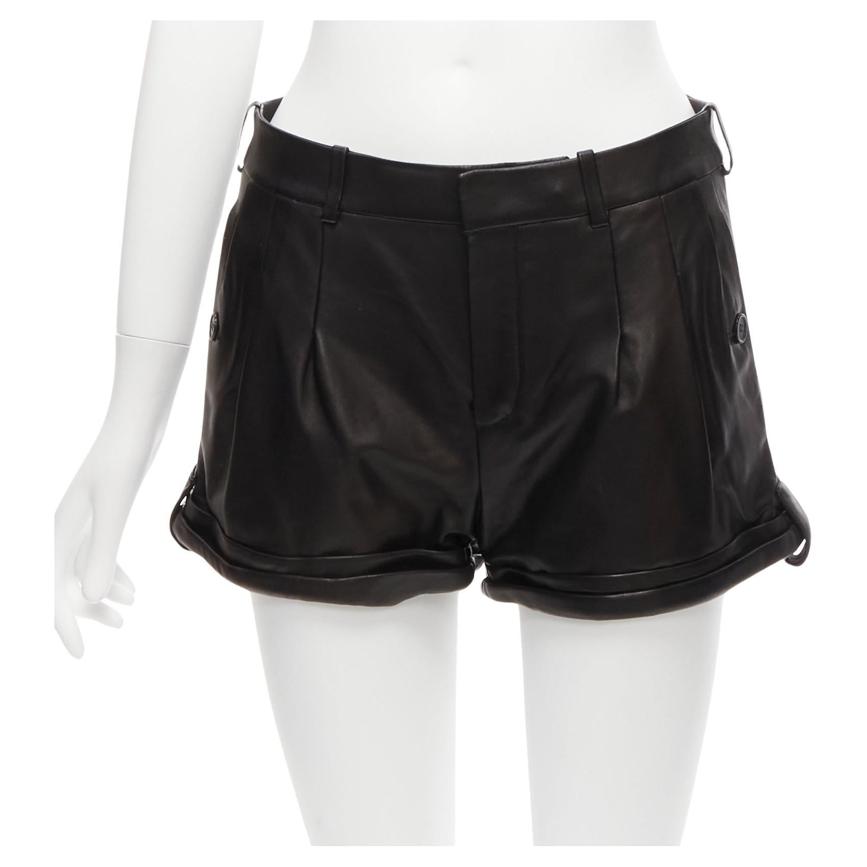 SAINT LAURENT 2017 black lambskin leather high waisted cuffed shorts FR36 S For Sale