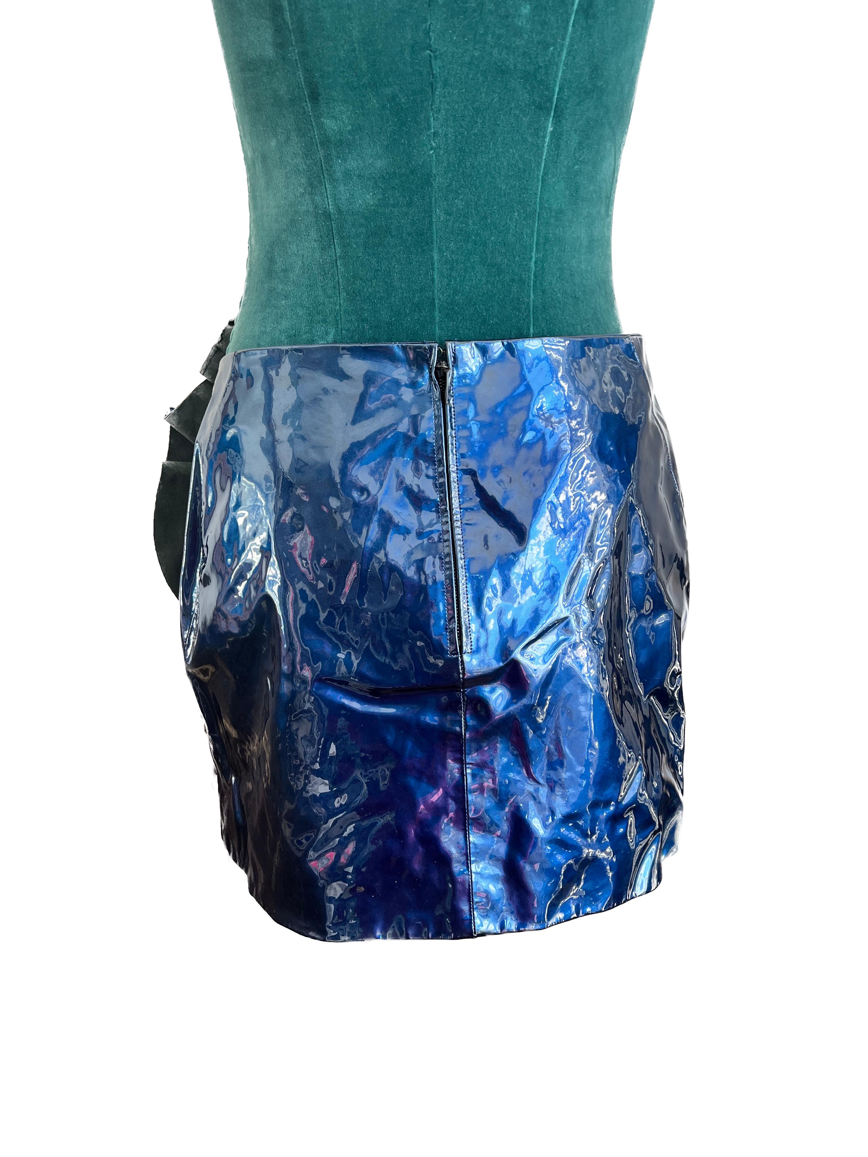 Saint Laurent 2017 Blue Paten Mini Leather Skirt with Ruffle  In New Condition For Sale In Toronto, CA