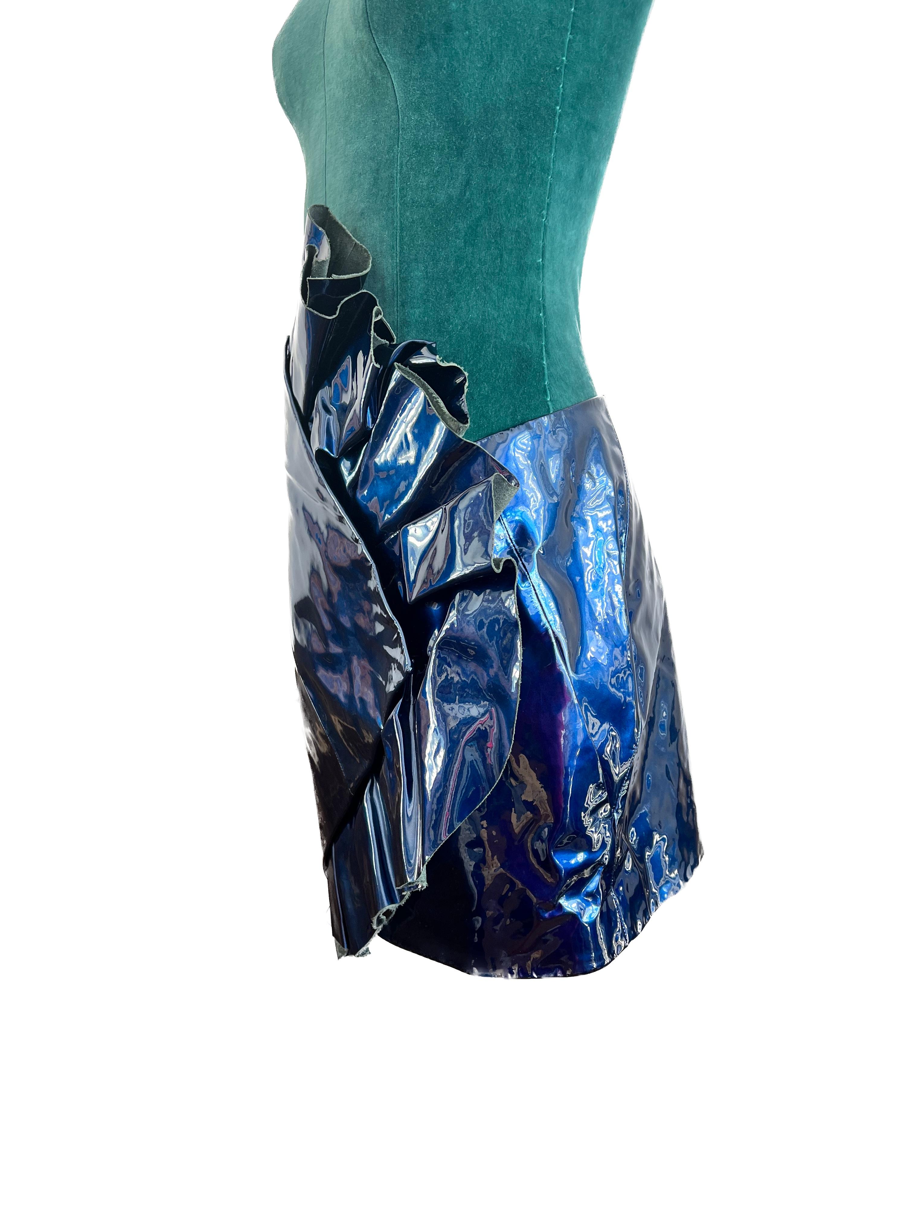 Women's Saint Laurent 2017 Blue Paten Mini Leather Skirt with Ruffle  For Sale