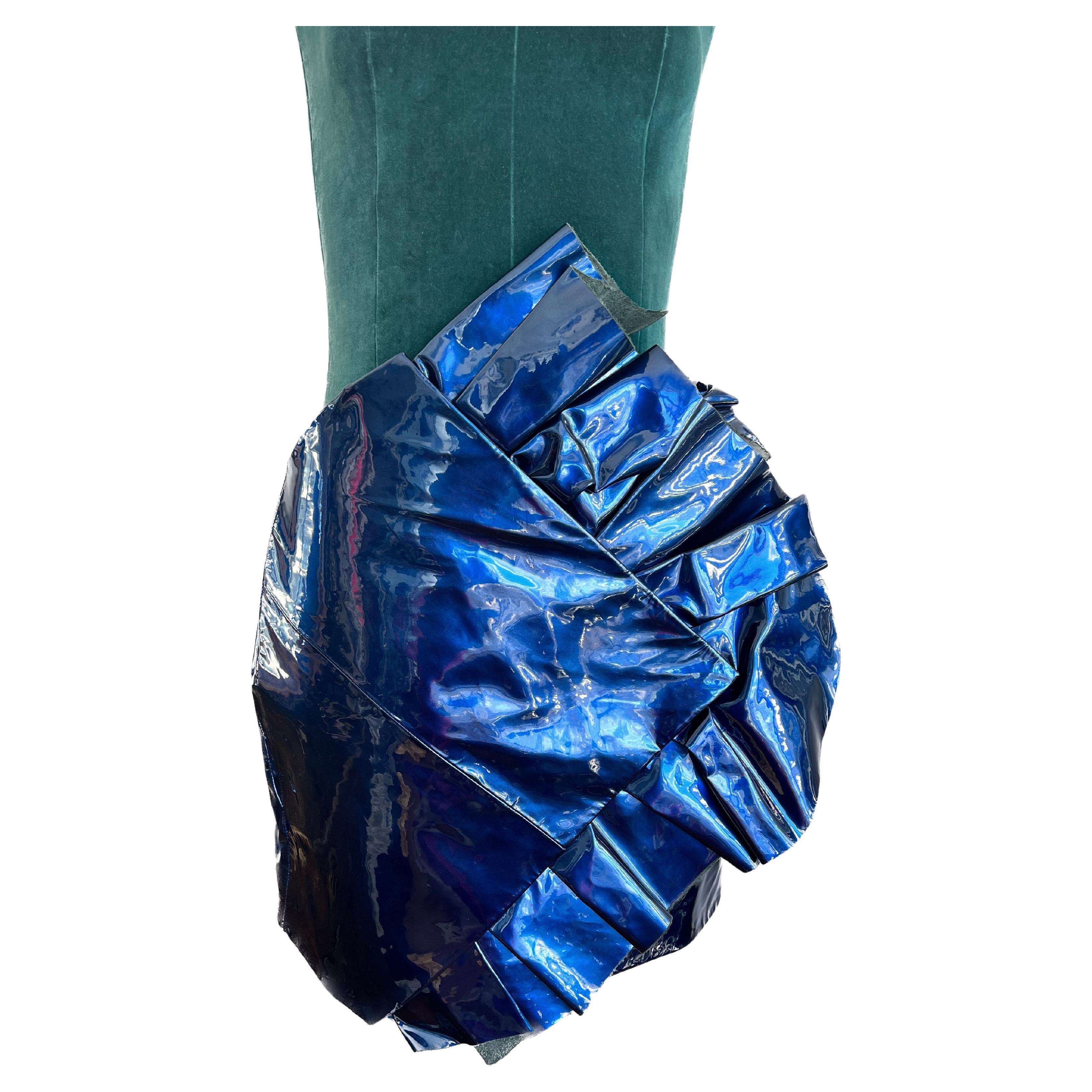 Saint Laurent 2017 Blue Paten Mini Leather Skirt with Ruffle  For Sale