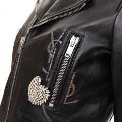 SAINT LAURENT 2017 Pearl Heart embellished black lambskin biker jacket S