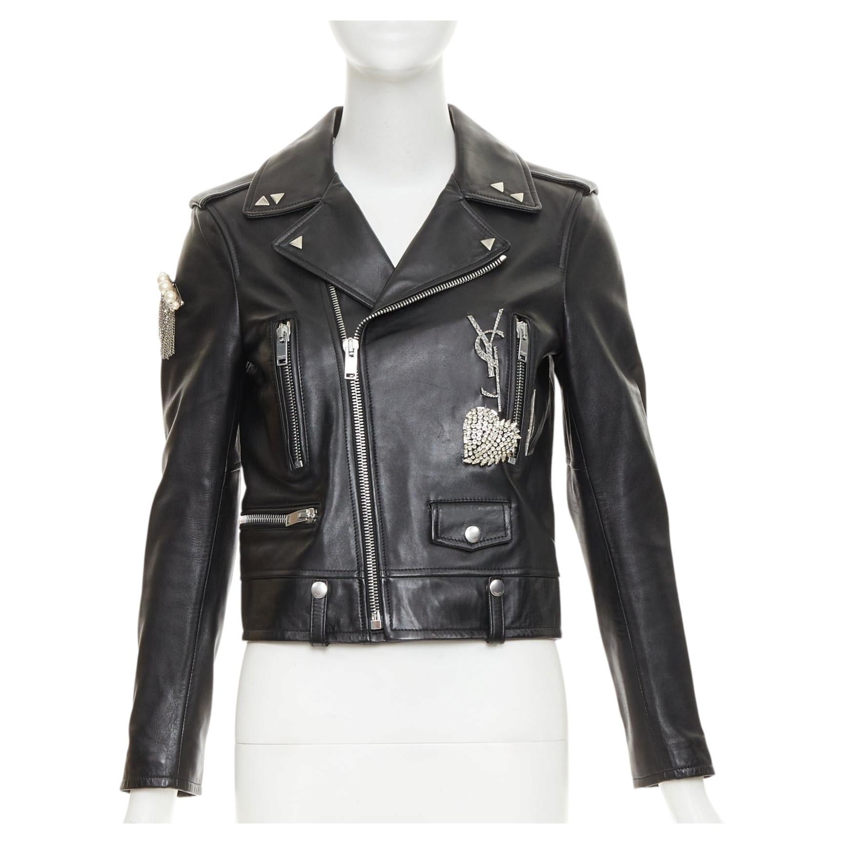 Pre-owned Saint Laurent 2017 Pearl Heart Embellished Black Lambskin Biker Jacket S