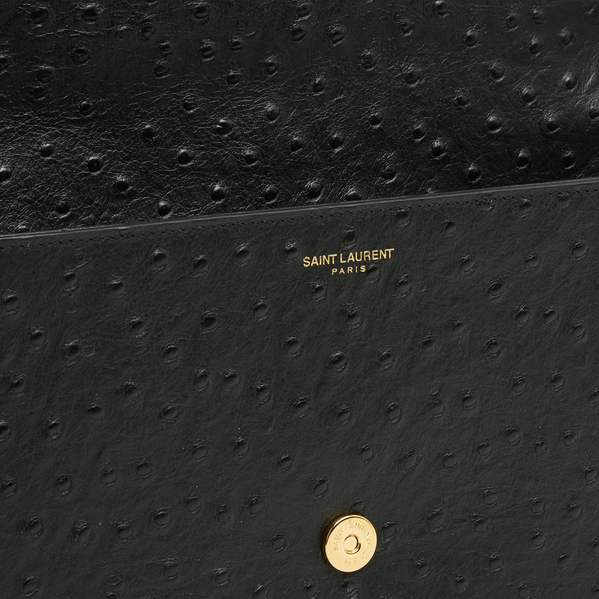 Saint Laurent 2017 Sac Autruche noir Eddie Schwarze Leder-Umhängetasche Pristine im Angebot 2