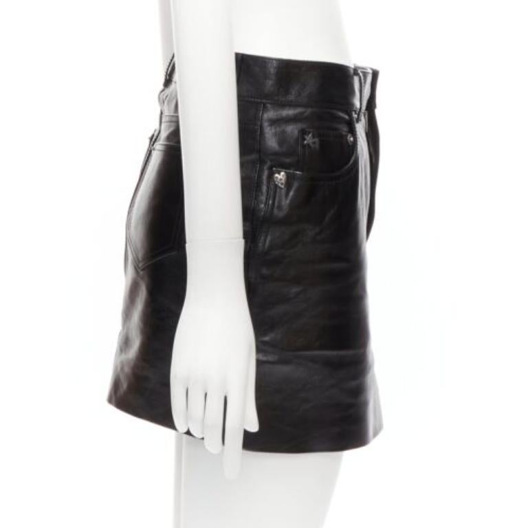 Women's SAINT LAURENT 2017 silver heart star arrow charm stud black leather skirt FR36 S For Sale