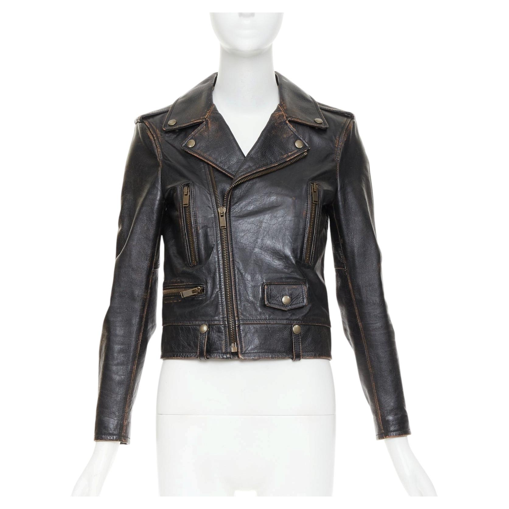 Pre-owned Saint Laurent 2017 Thunder Studded Distressed Calfskin Moto Bike Jacket Fr38 M In Black