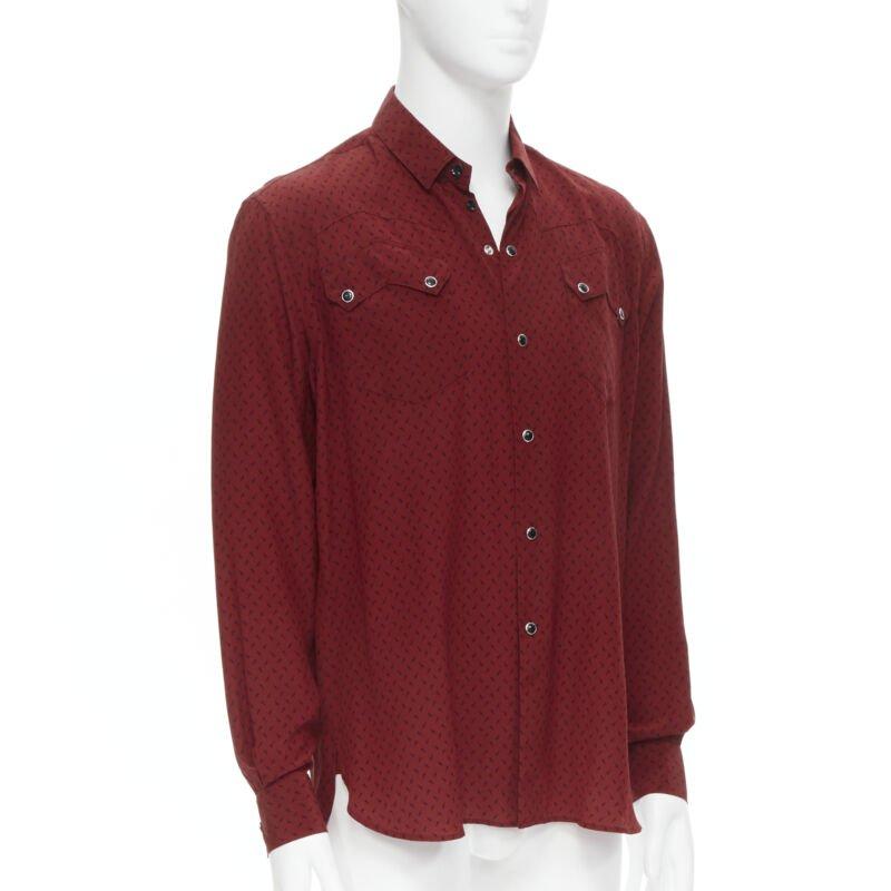 Brown SAINT LAURENT 2018 100% silk red black print western casual shirt EU38 S For Sale