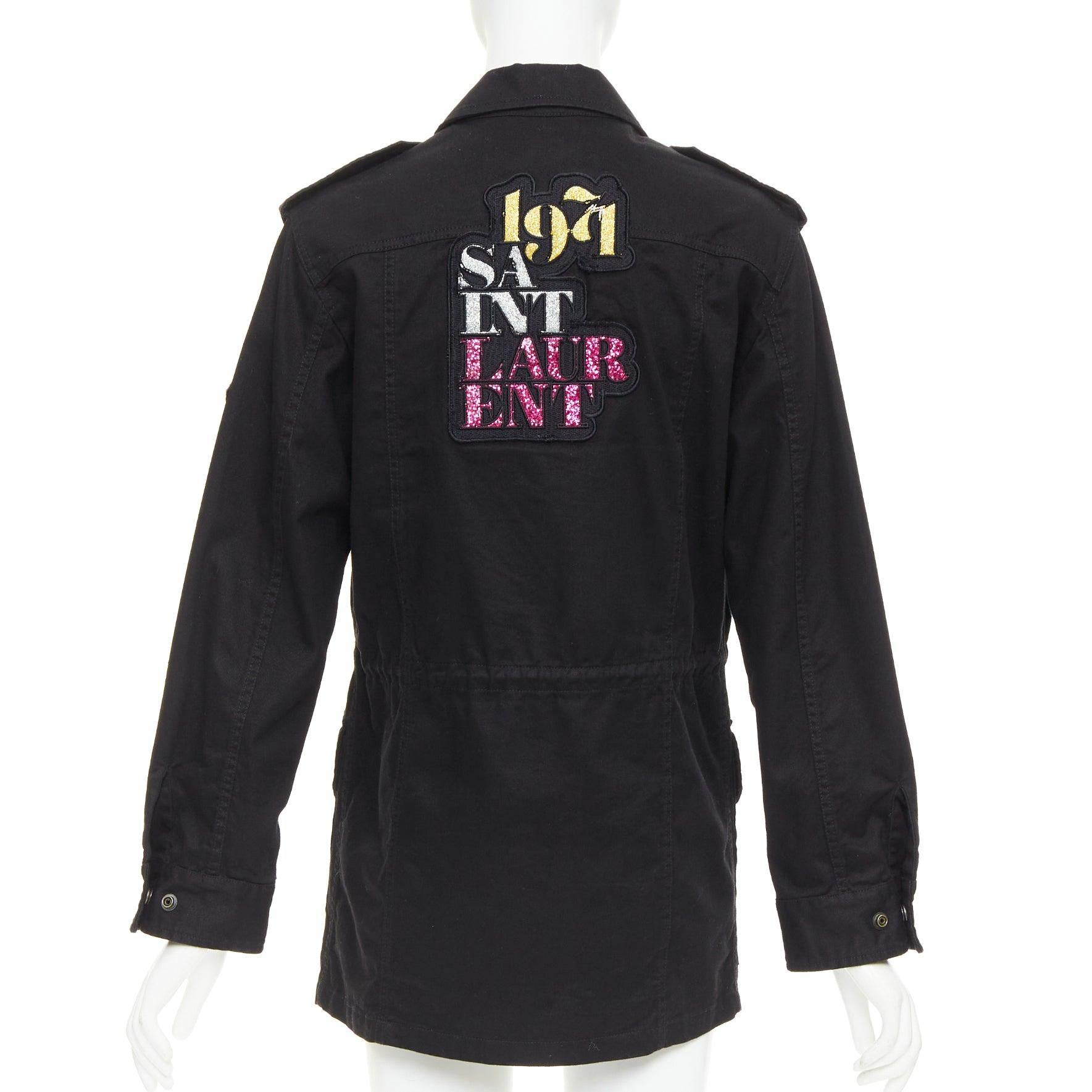 SAINT LAURENT 2018 black cotton ramie glitter logo safari jacket FR36 S
Reference: NKLL/A00536
Brand: Saint Laurent
Designer: Anthony Vaccarello
Collection: 2018
Material: Cotton, Ramie
Color: Black, Pink
Pattern: Logomania
Closure: Button
Lining: