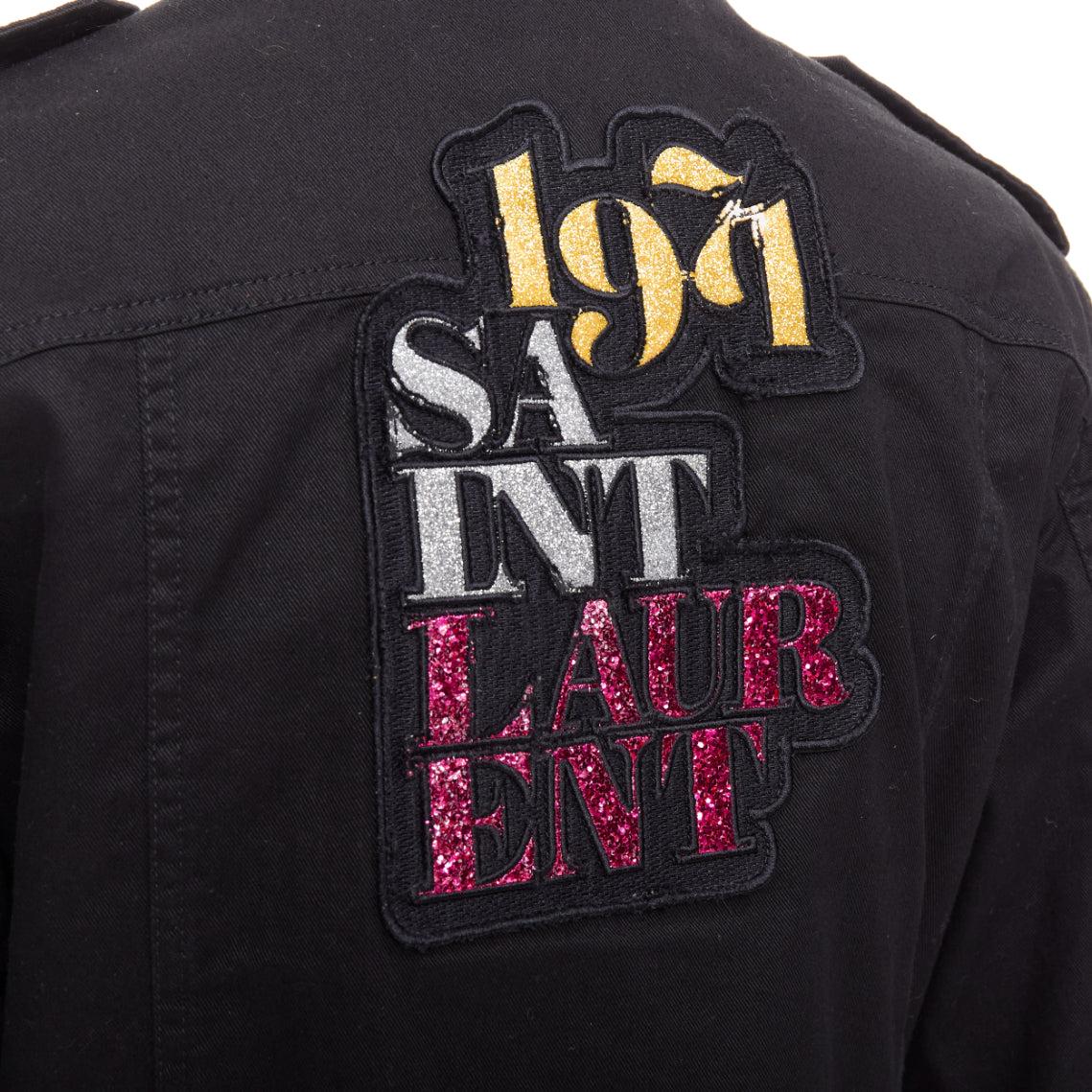 SAINT LAURENT 2018 black cotton ramie glitter logo safari jacket FR36 S For Sale 2