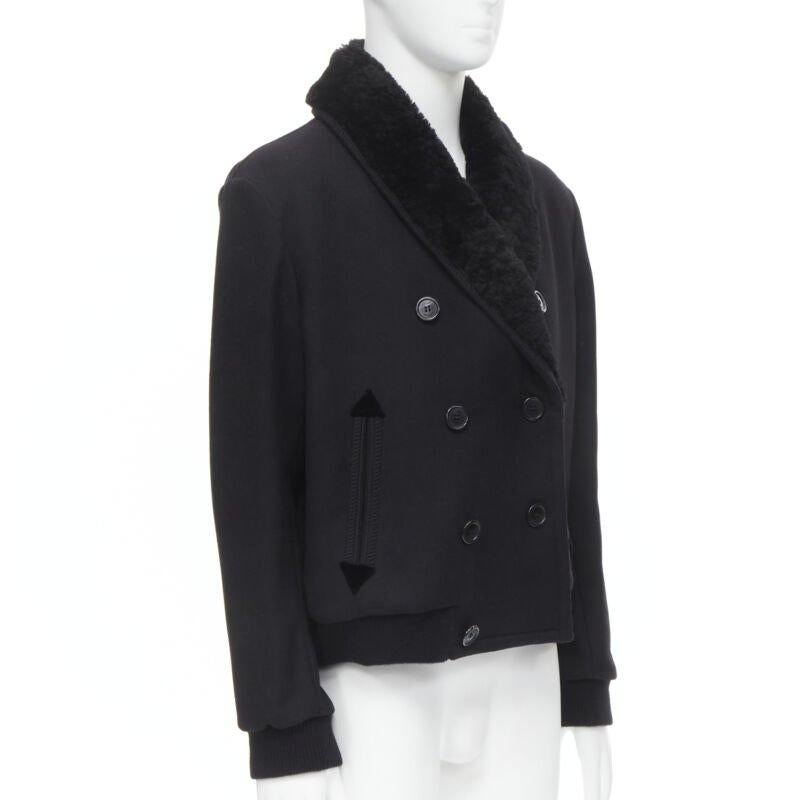 Black SAINT LAURENT 2018 black fur collar double breasted bomber pea coat EU52 XL