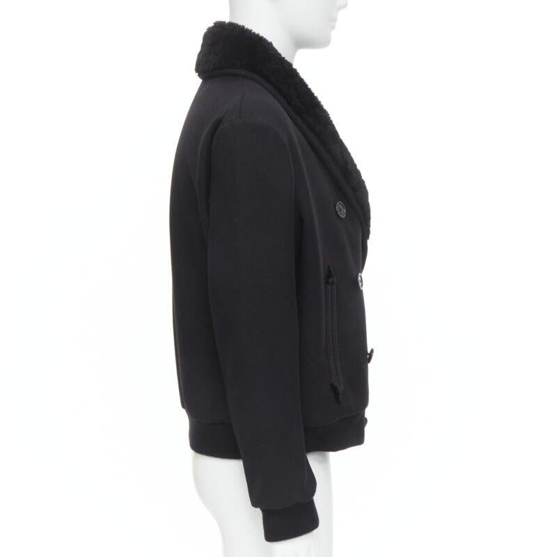 Men's SAINT LAURENT 2018 black fur collar double breasted bomber pea coat EU52 XL