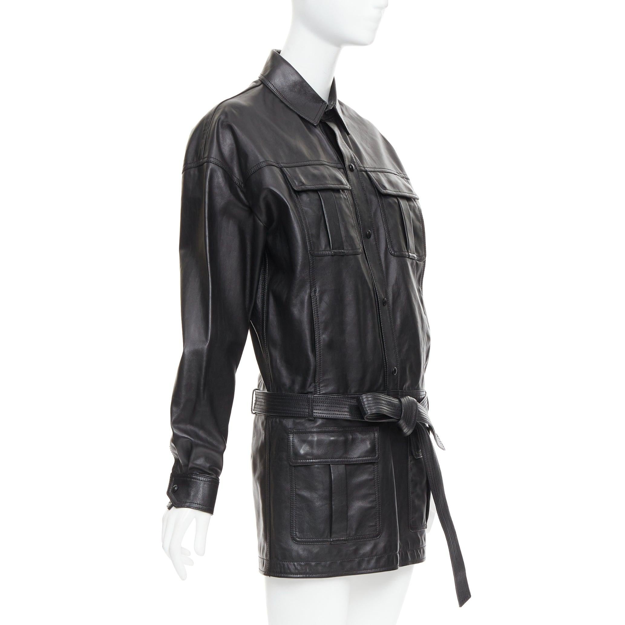 Black SAINT LAURENT 2018 black lambskin leather low waist safari shirt dress FR36 S For Sale