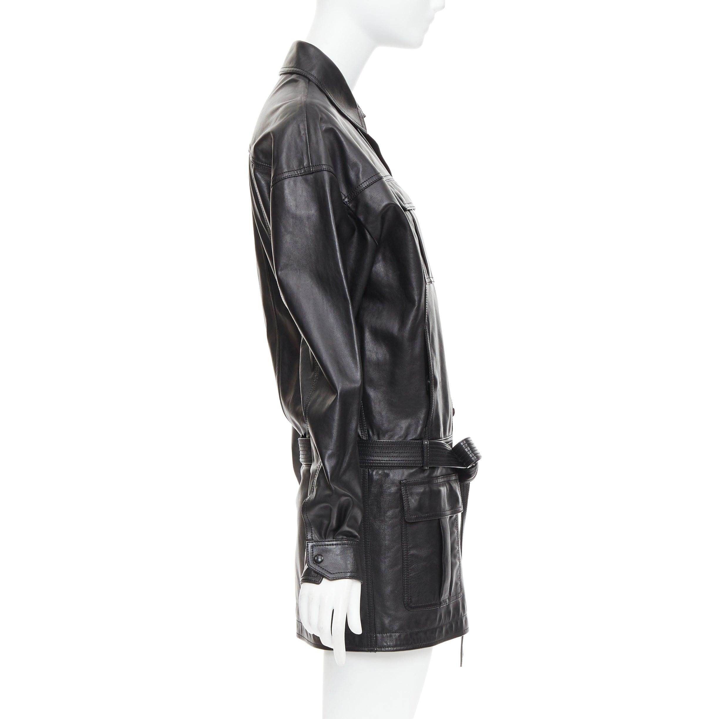 Women's SAINT LAURENT 2018 black lambskin leather low waist safari shirt dress FR36 S For Sale