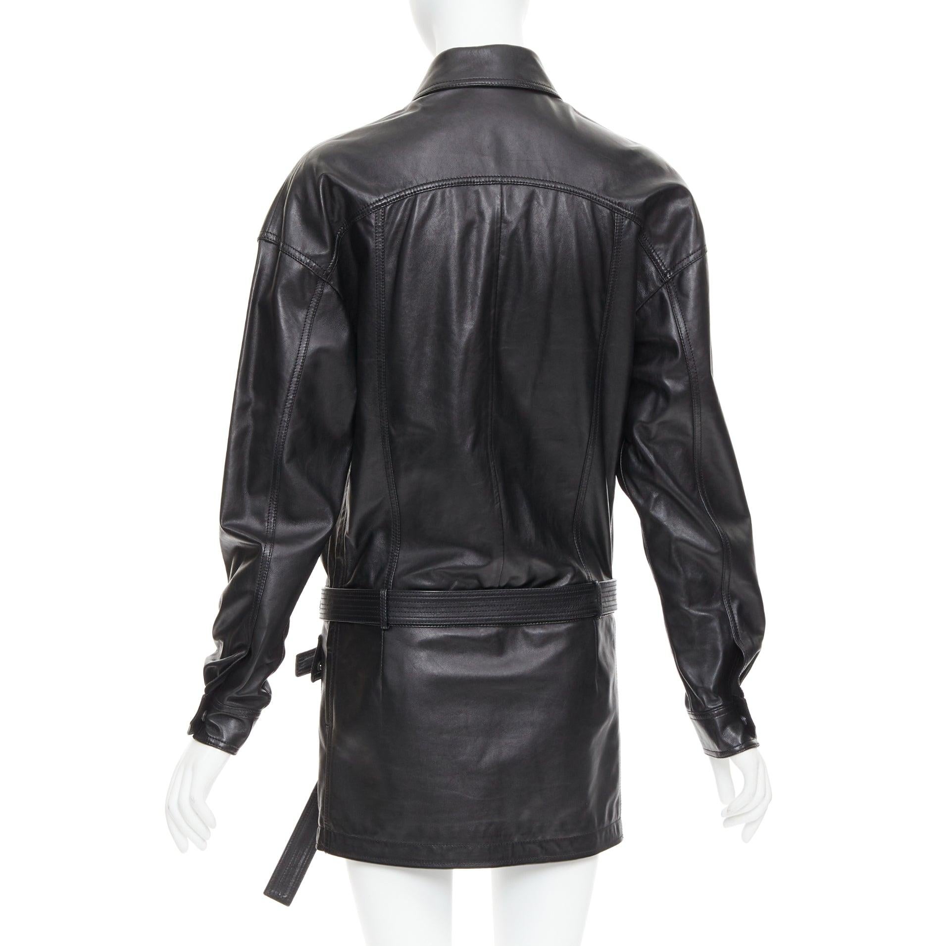 SAINT LAURENT 2018 black lambskin leather low waist safari shirt dress FR36 S For Sale 1
