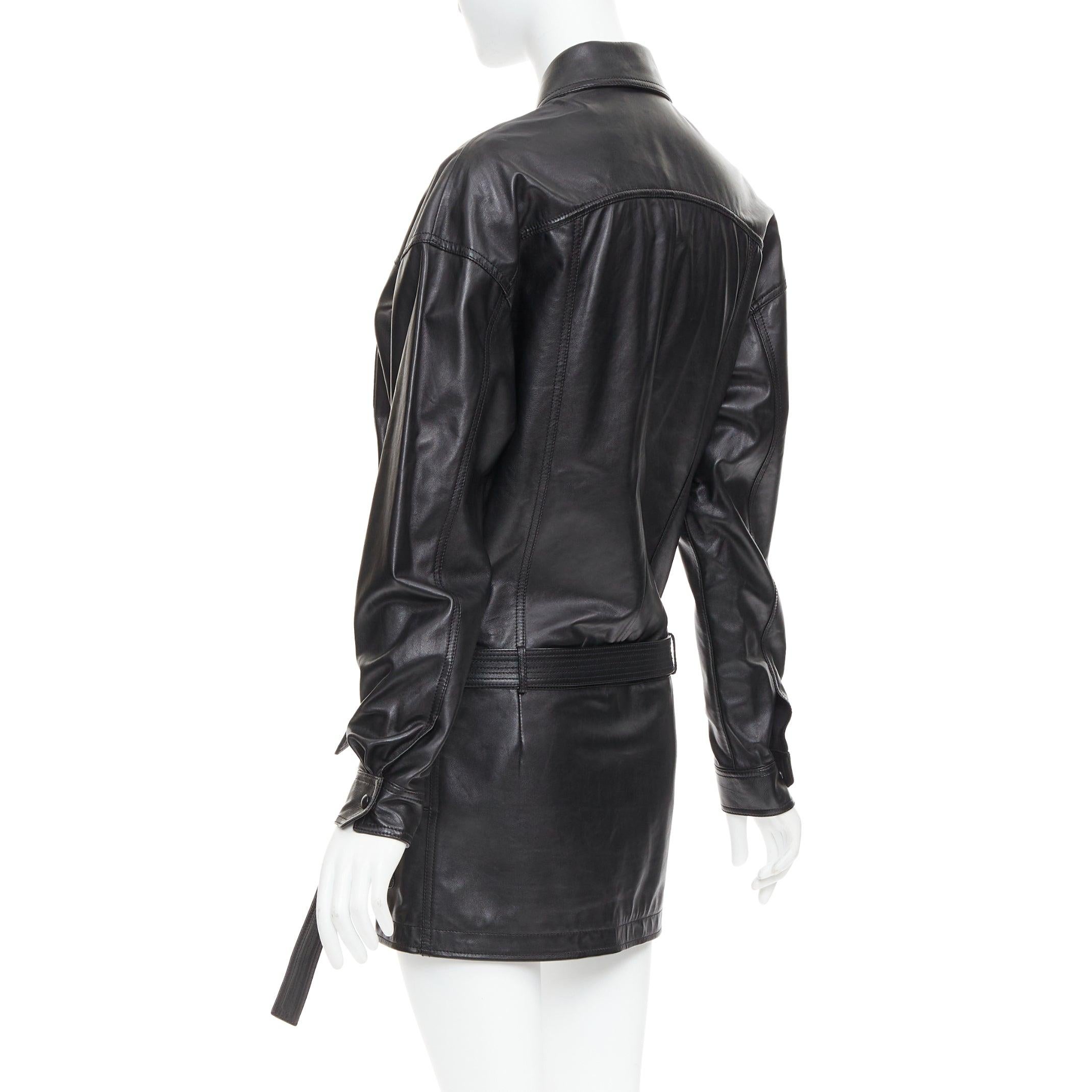 SAINT LAURENT 2018 black lambskin leather low waist safari shirt dress FR36 S For Sale 2