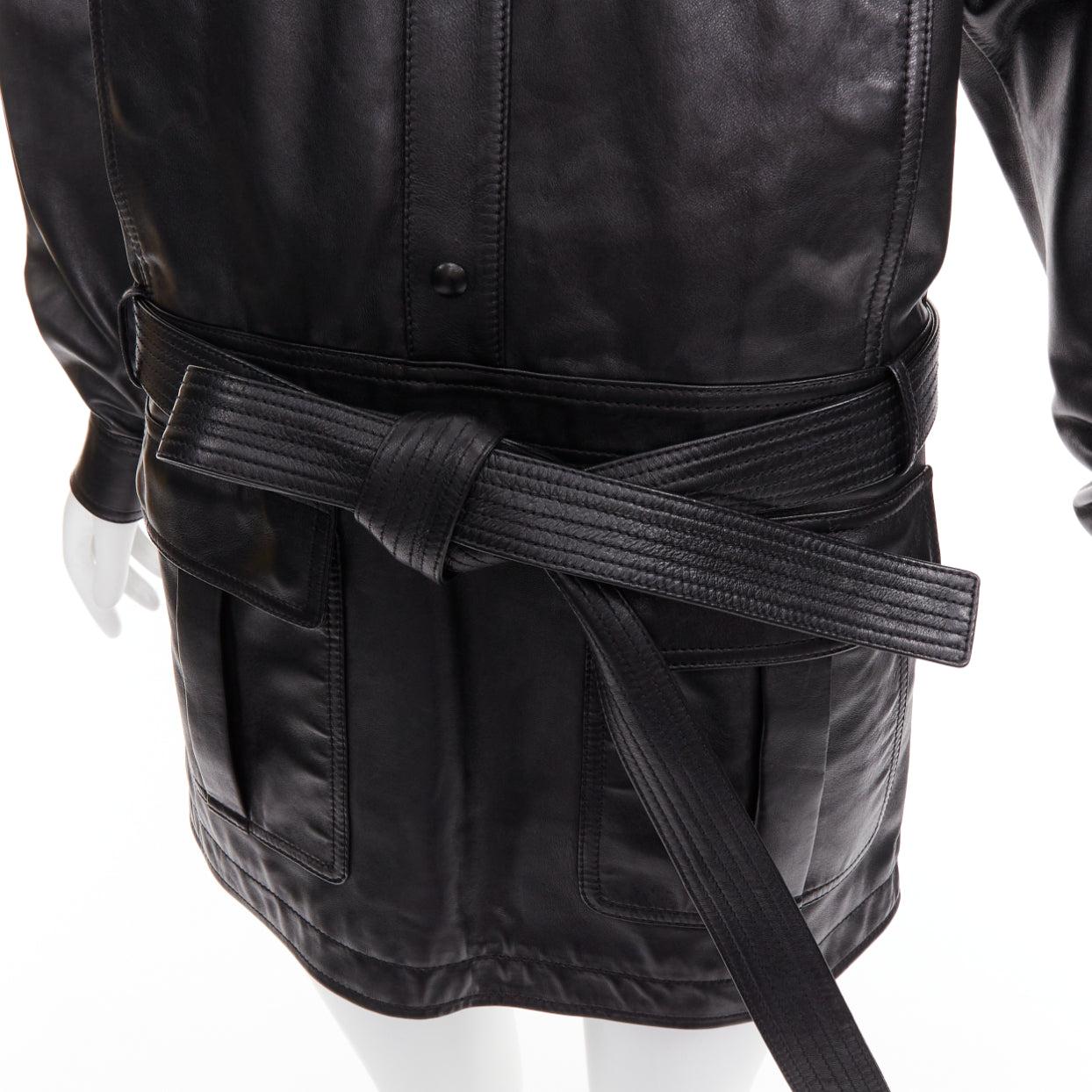 SAINT LAURENT 2018 black lambskin leather low waist safari shirt dress FR36 S For Sale 3