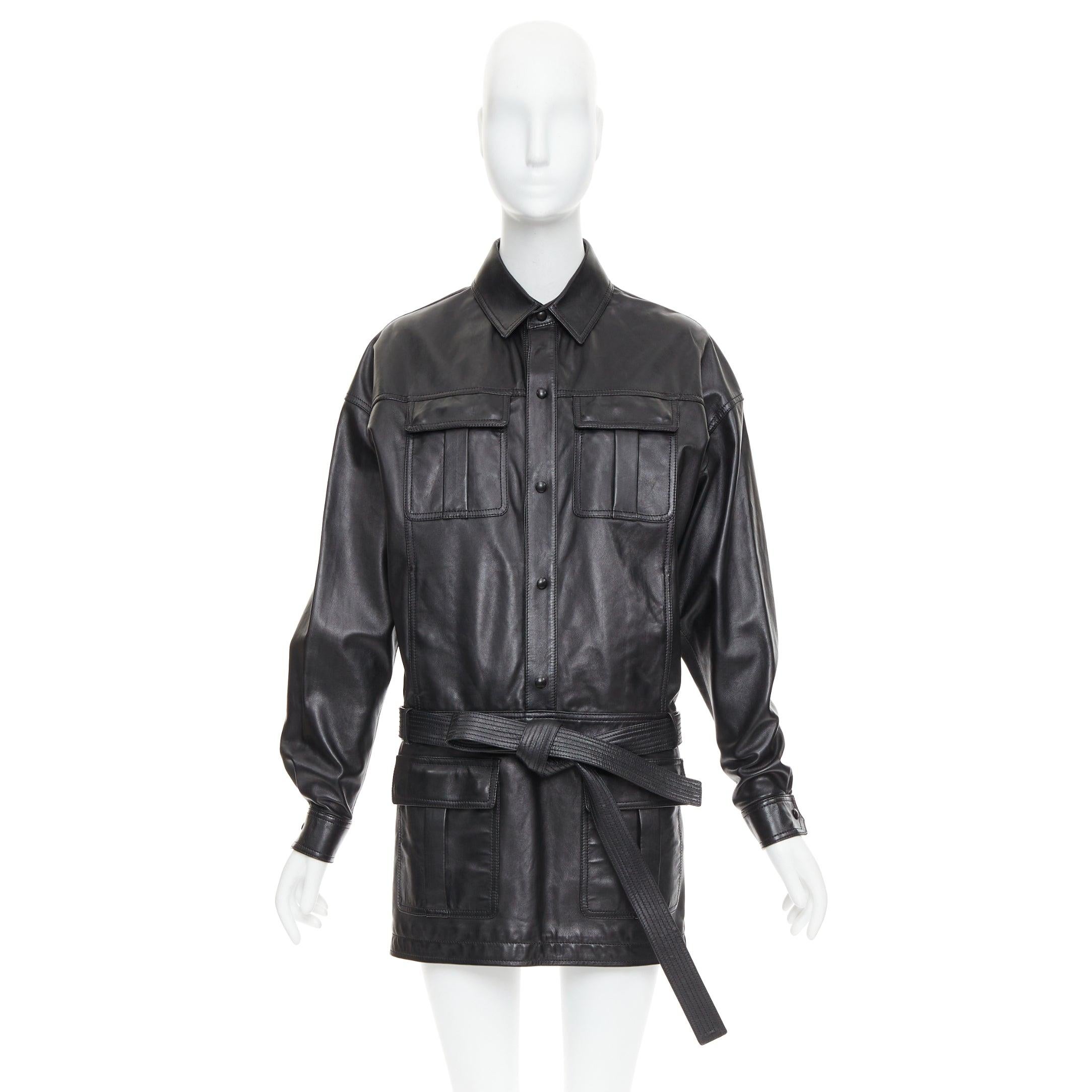 SAINT LAURENT 2018 black lambskin leather low waist safari shirt dress FR36 S For Sale 5