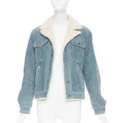 SAINT LAURENT 2018 blue suede cream shearing lined trucker jacket FR44 XS