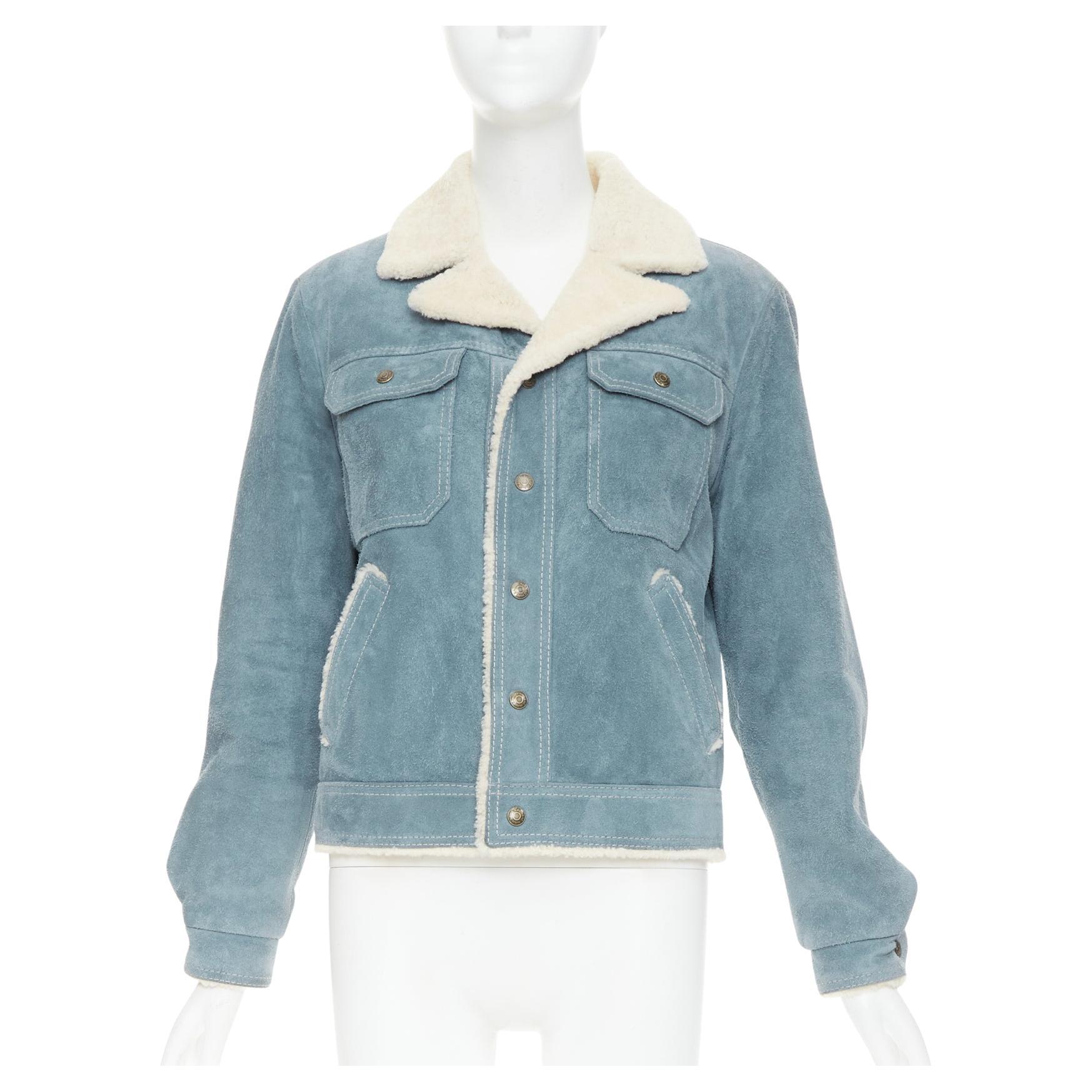 SAINT LAURENT 2018 blue suede cream shearing lined trucker jacket FR44 XS