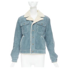 SAINT LAURENT 2018 blue suede cream shearing lined trucker jacket FR44 XS