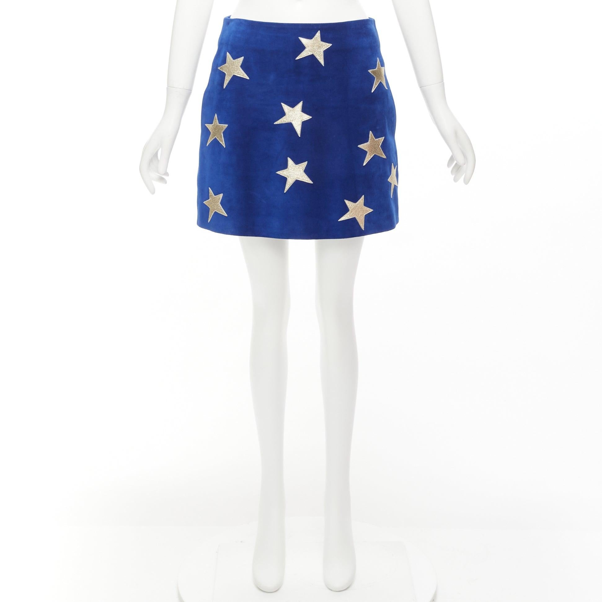 SAINT LAURENT 2018 azul ante dorado cuero metalizado parche estrella minifalda FR38 6