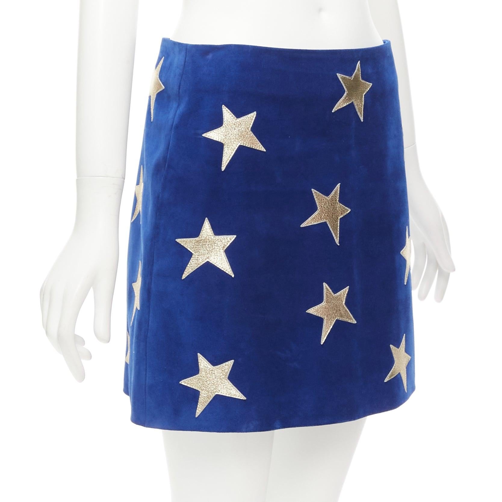 Women's SAINT LAURENT 2018 blue suede gold metallic leather star patch mini skirt FR38 For Sale