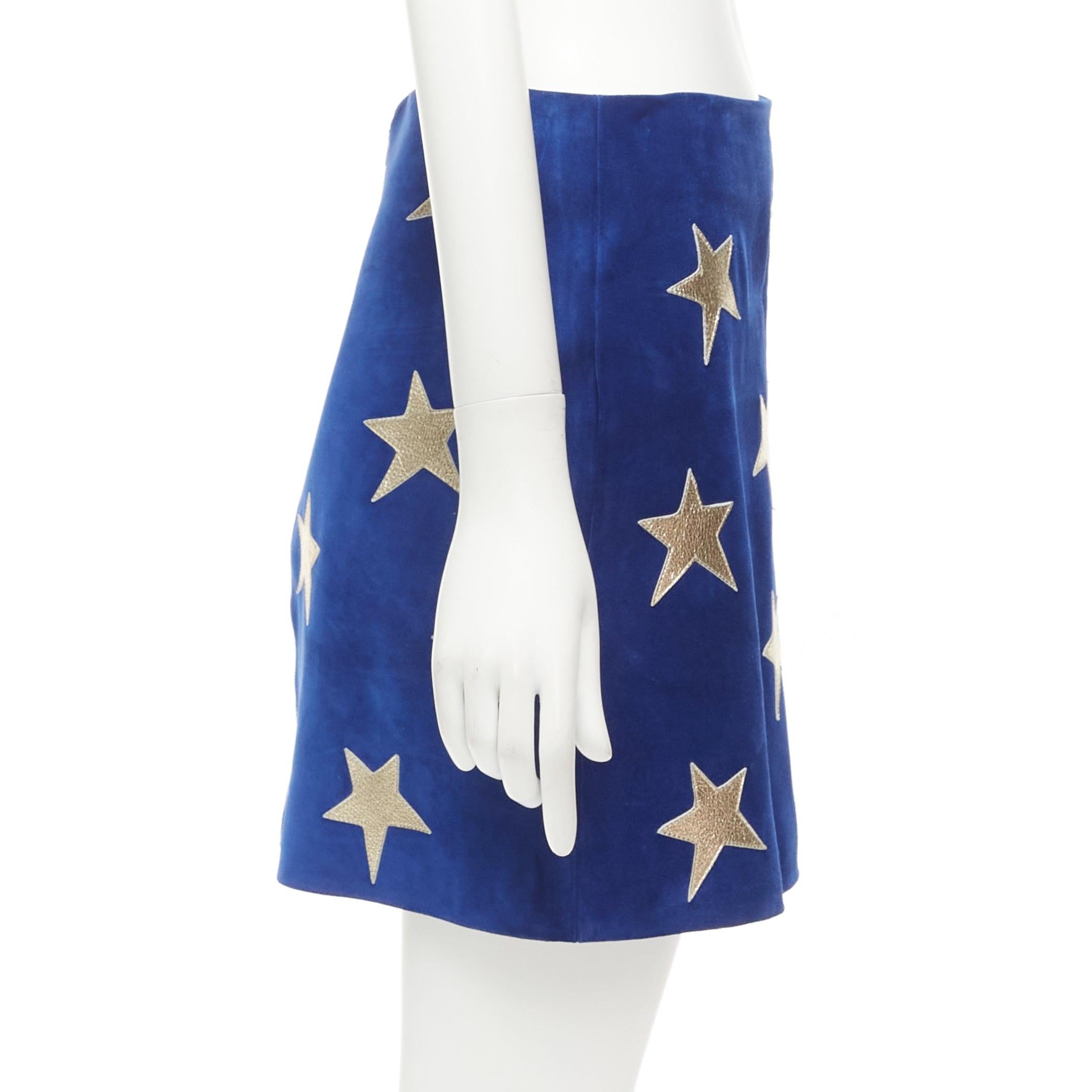 De las mujeres SAINT LAURENT 2018 azul ante dorado cuero metalizado parche estrella minifalda FR38