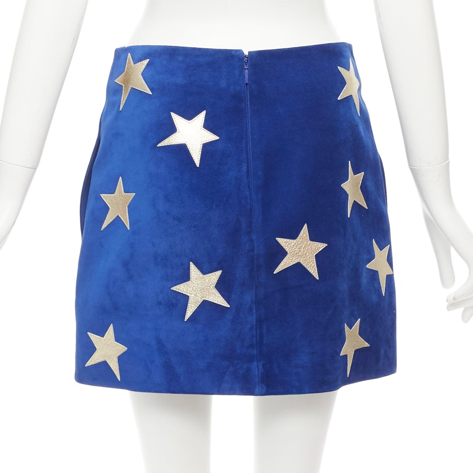 SAINT LAURENT 2018 azul ante dorado cuero metalizado parche estrella minifalda FR38 1