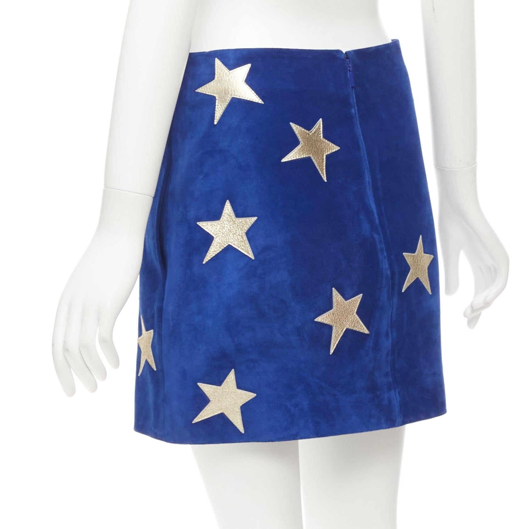 SAINT LAURENT 2018 azul ante dorado cuero metalizado parche estrella minifalda FR38 2
