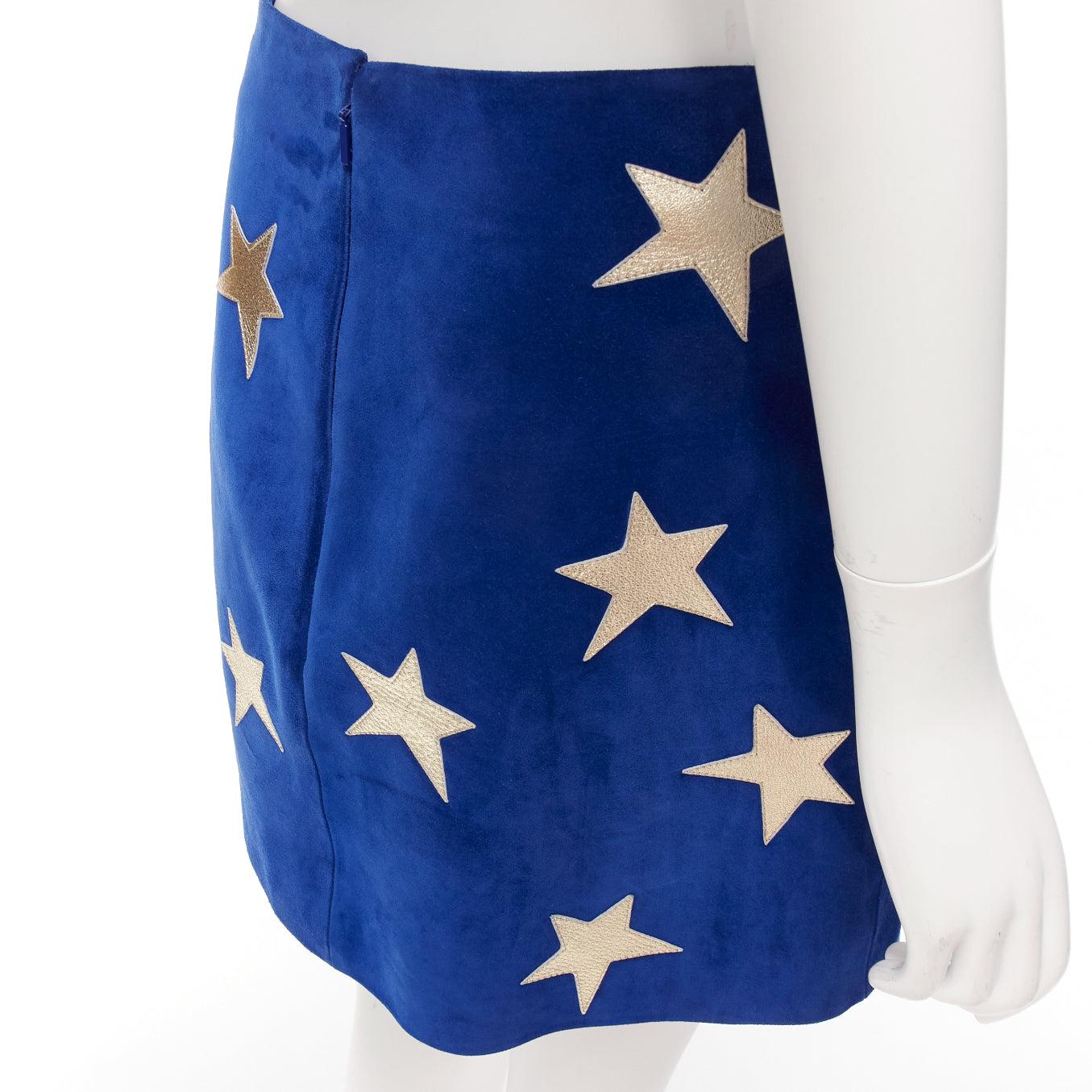 SAINT LAURENT 2018 azul ante dorado cuero metalizado parche estrella minifalda FR38 4